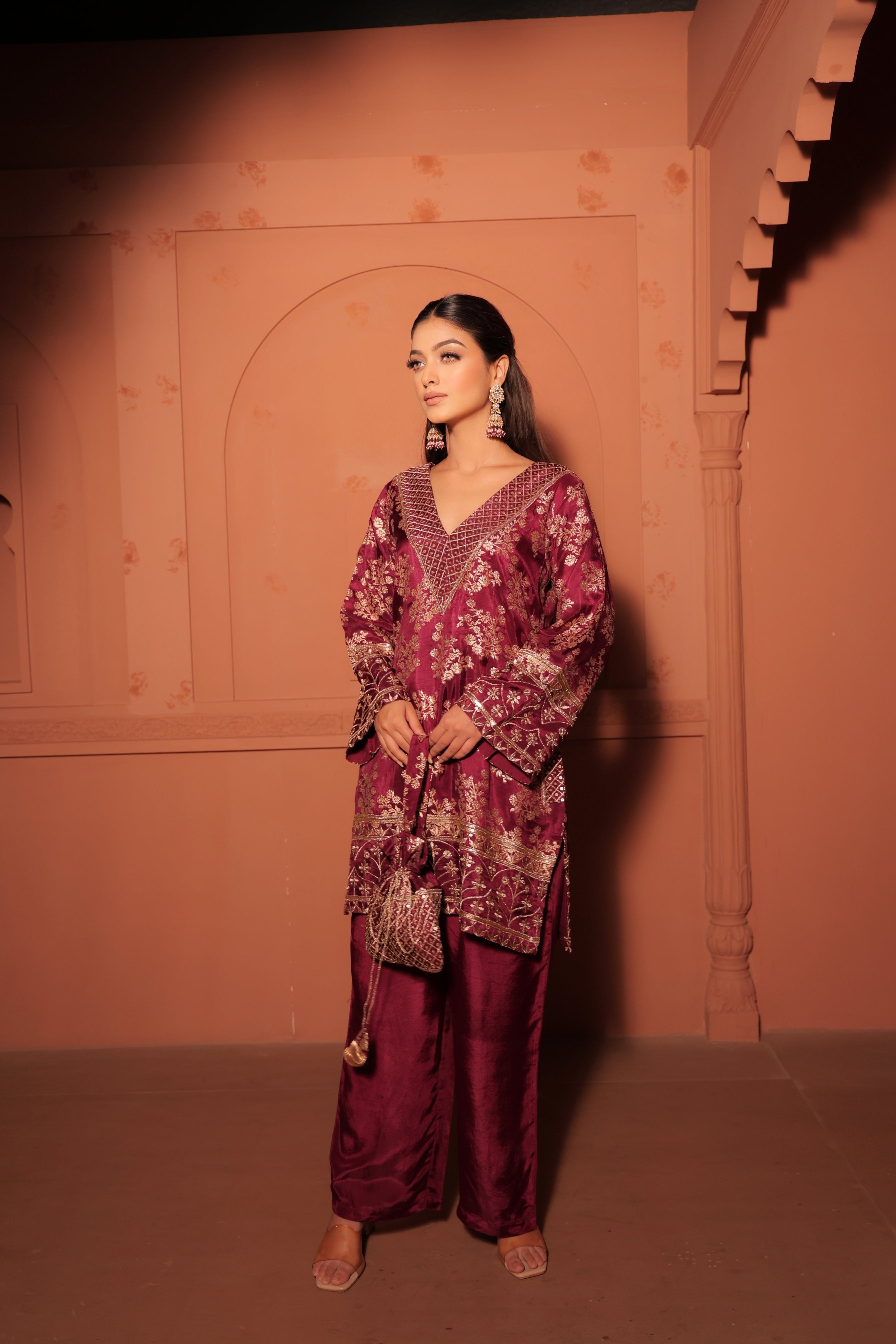 Wine Brocade Co-ord Set