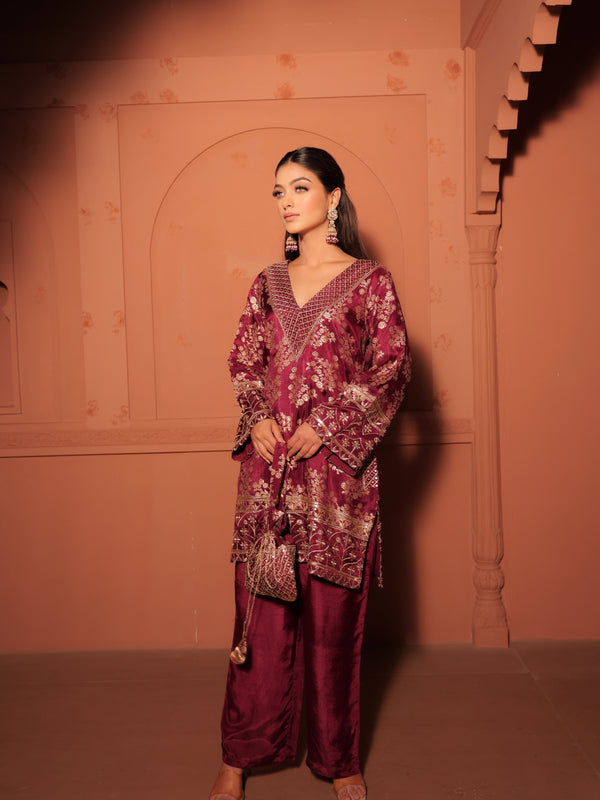 Wine Brocade Co-ord Set