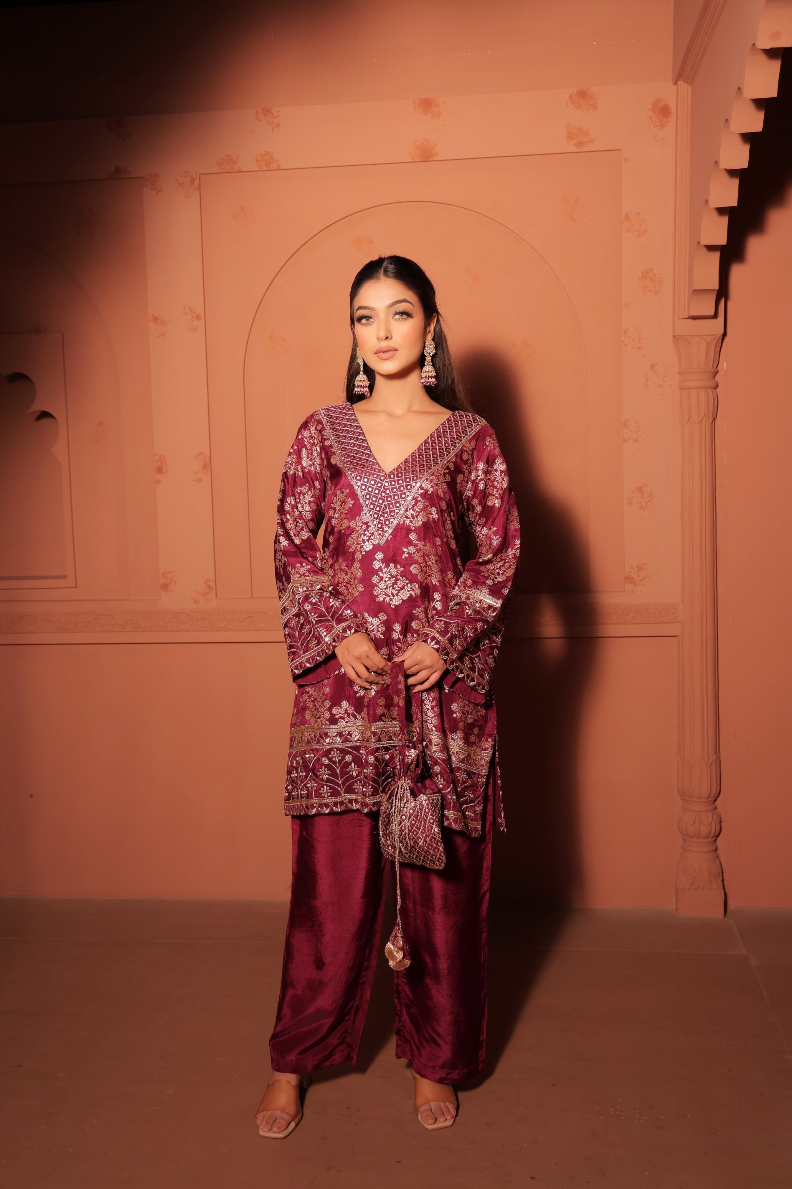Wine Brocade Co-ord Set