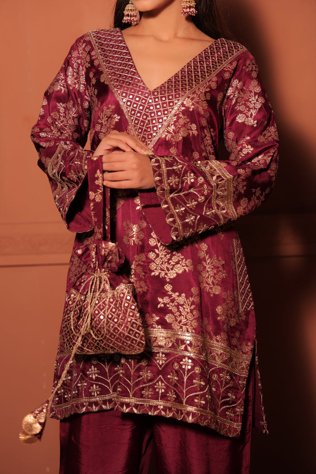 Wine Brocade Co-ord Set