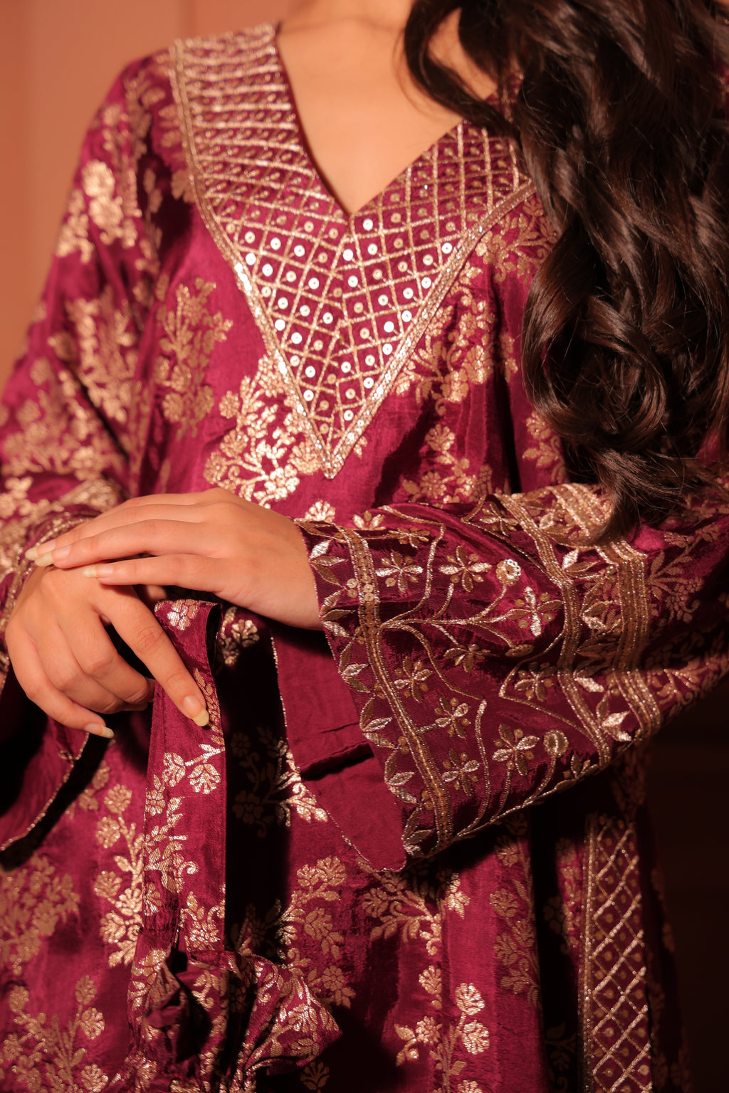 Wine Brocade Co-ord Set