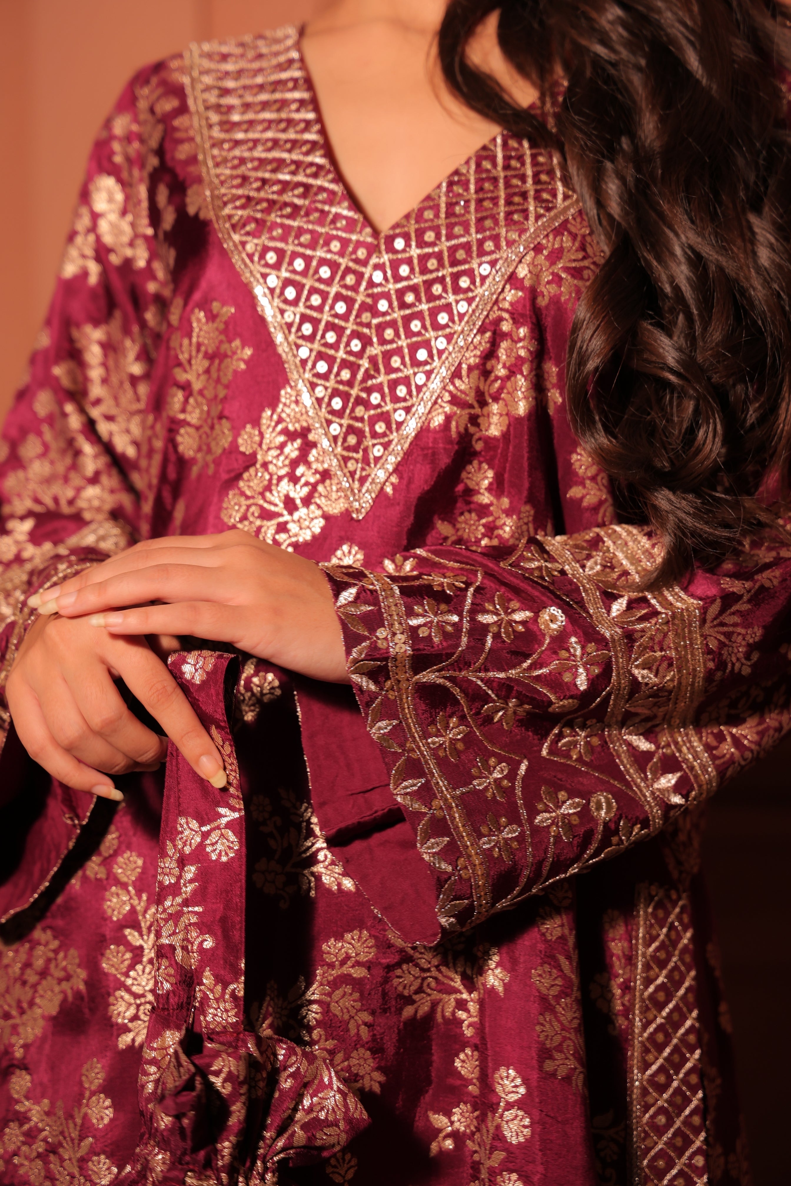 Wine Brocade Co-ord Set