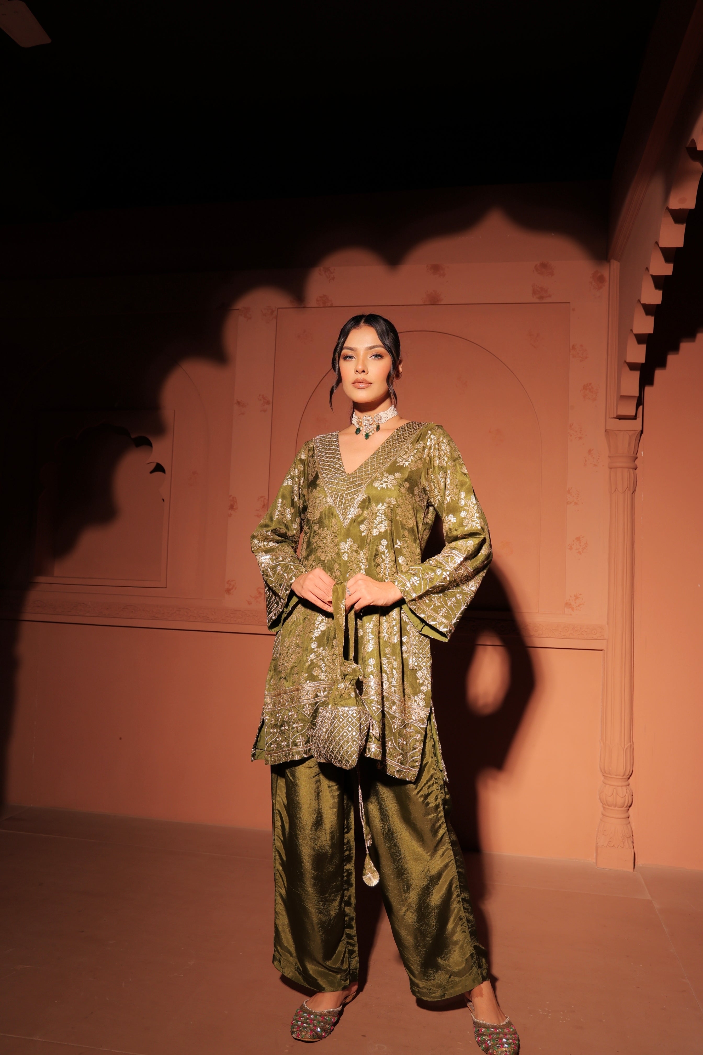 Mehendi Green Brocade Co-ord Set