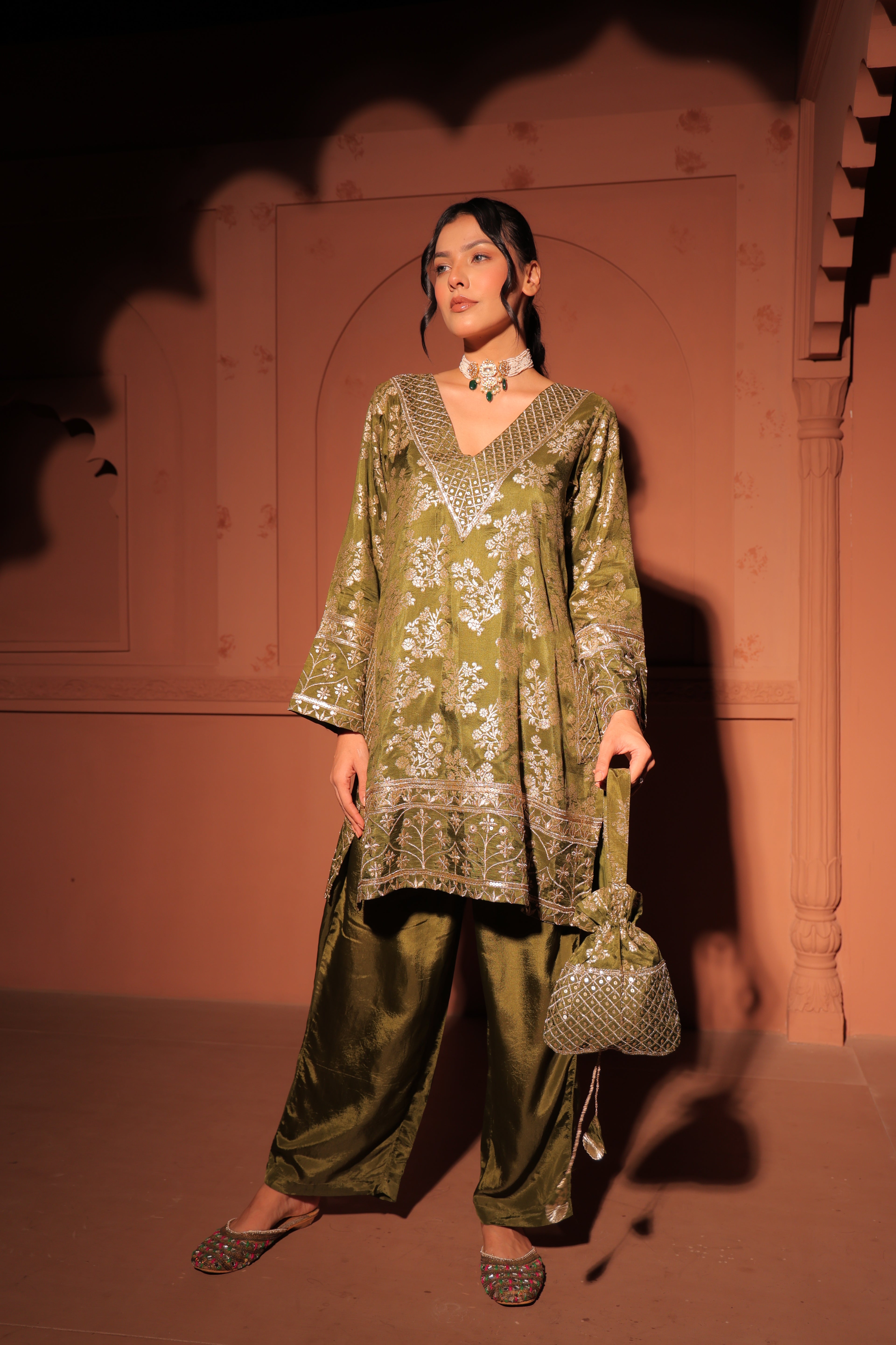 Mehendi Green Brocade Co-ord Set