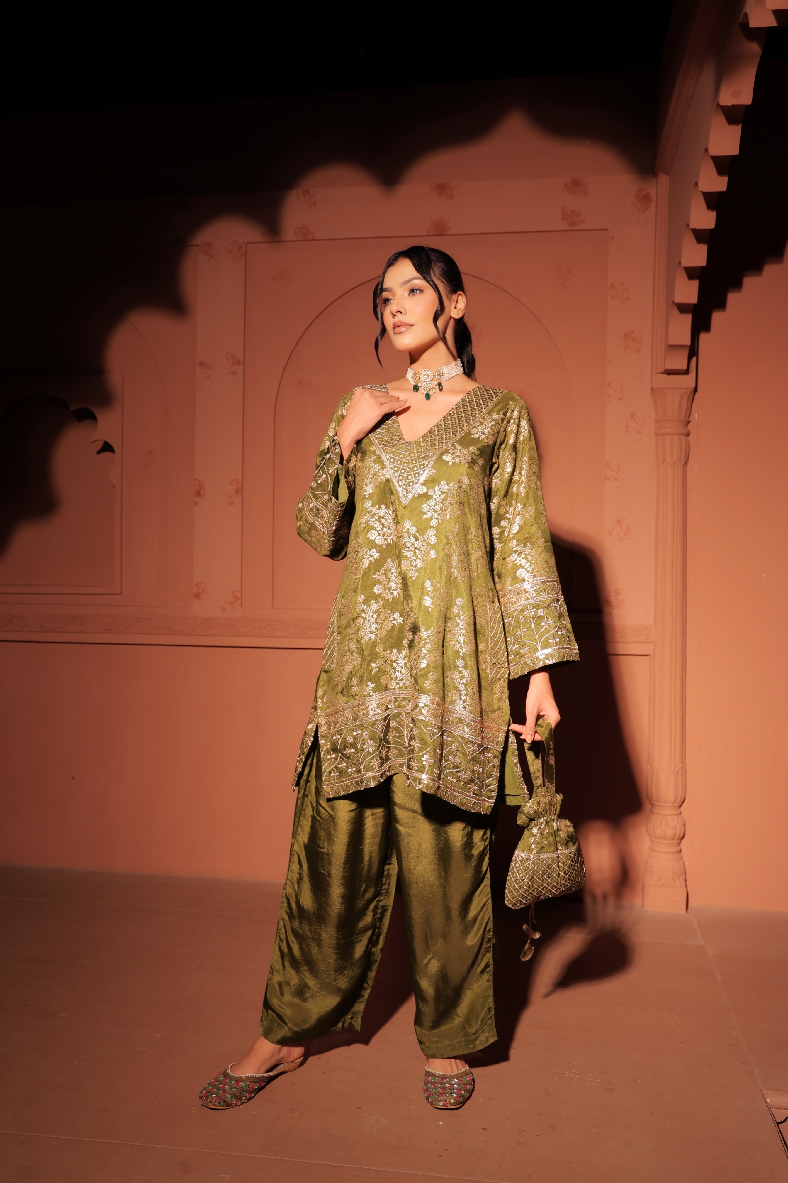 Mehendi Green Brocade Co-ord Set