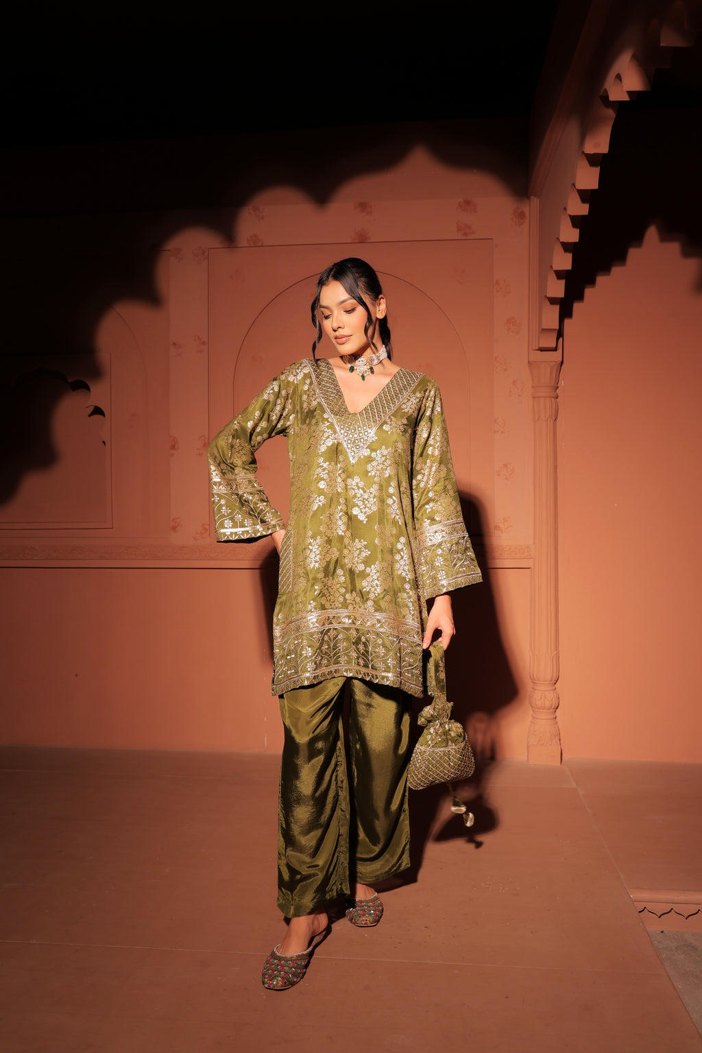 Mehendi Green Brocade Co-ord Set