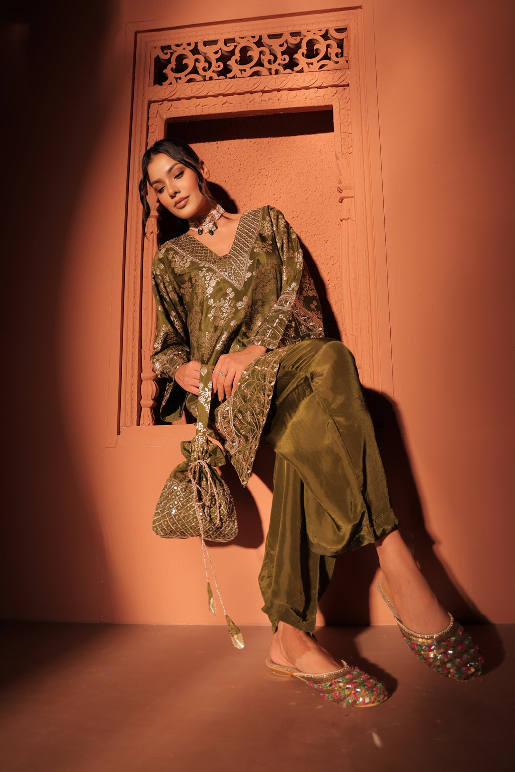 Mehendi Green Brocade Co-ord Set