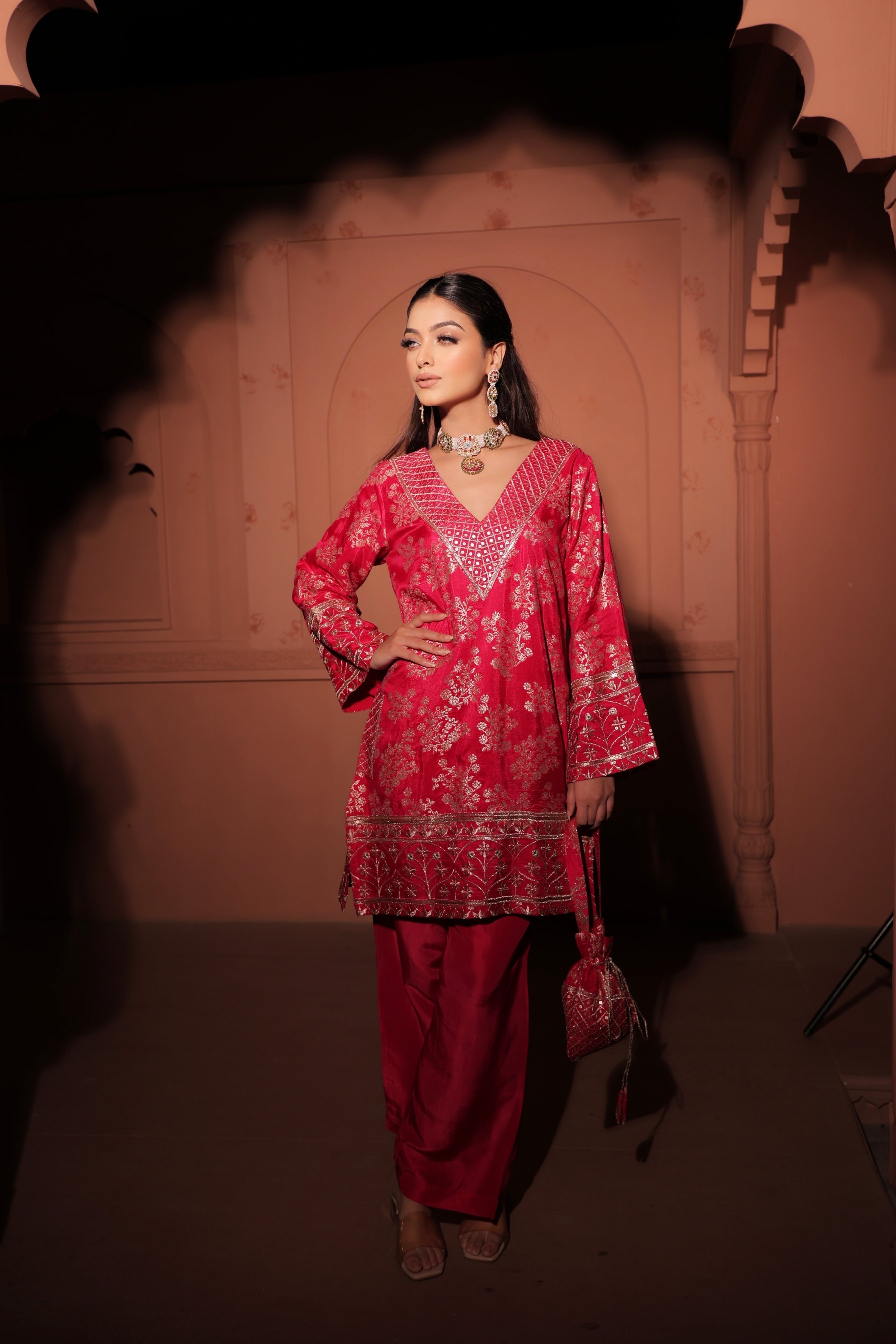 Crimson Red Brocade Co-ord Set