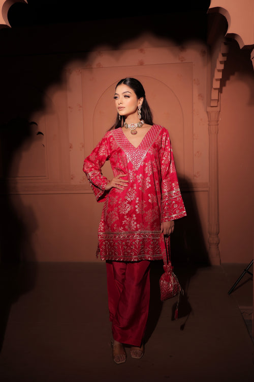 Crimson Red Brocade Co-ord Set