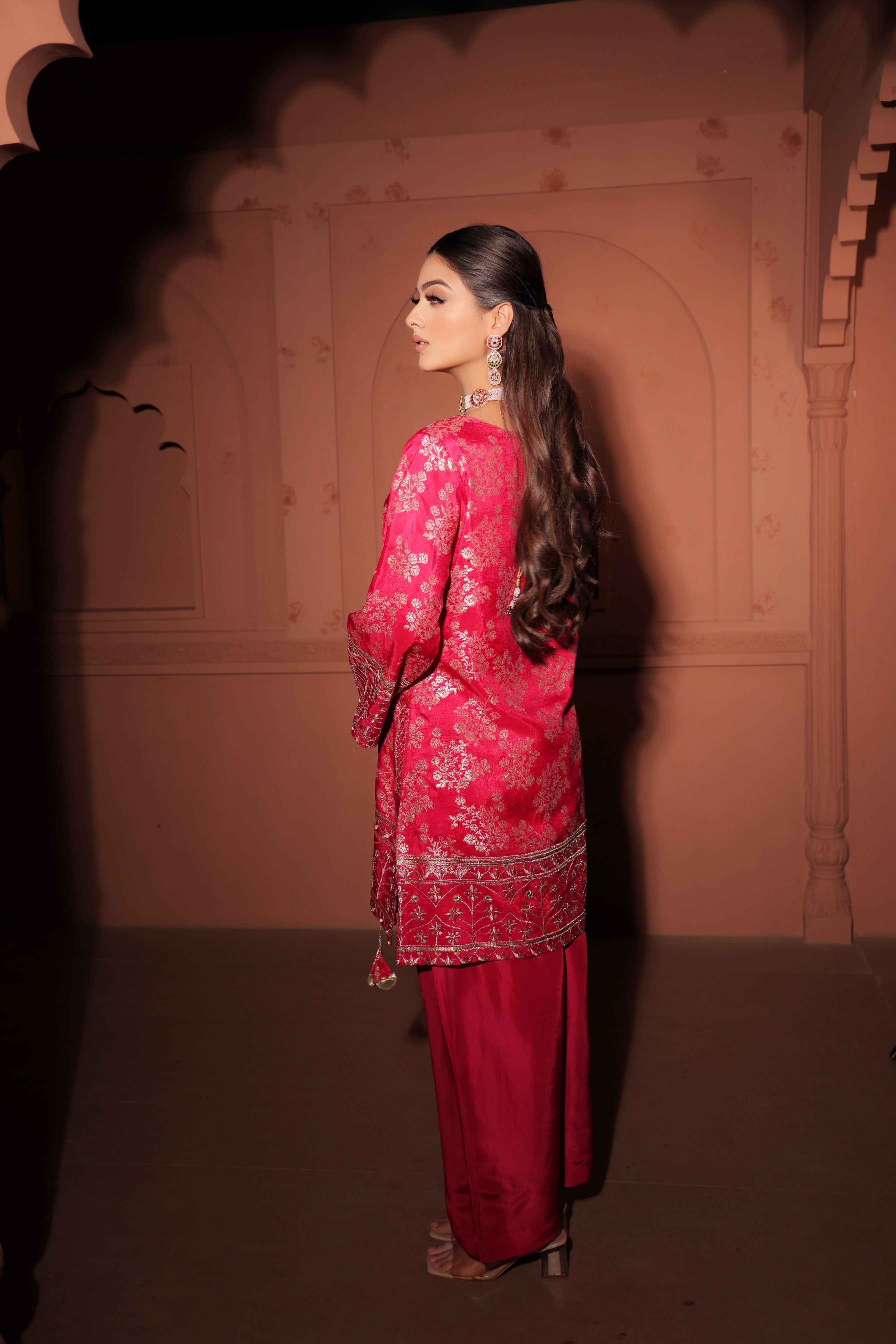 Crimson Red Brocade Co-ord Set