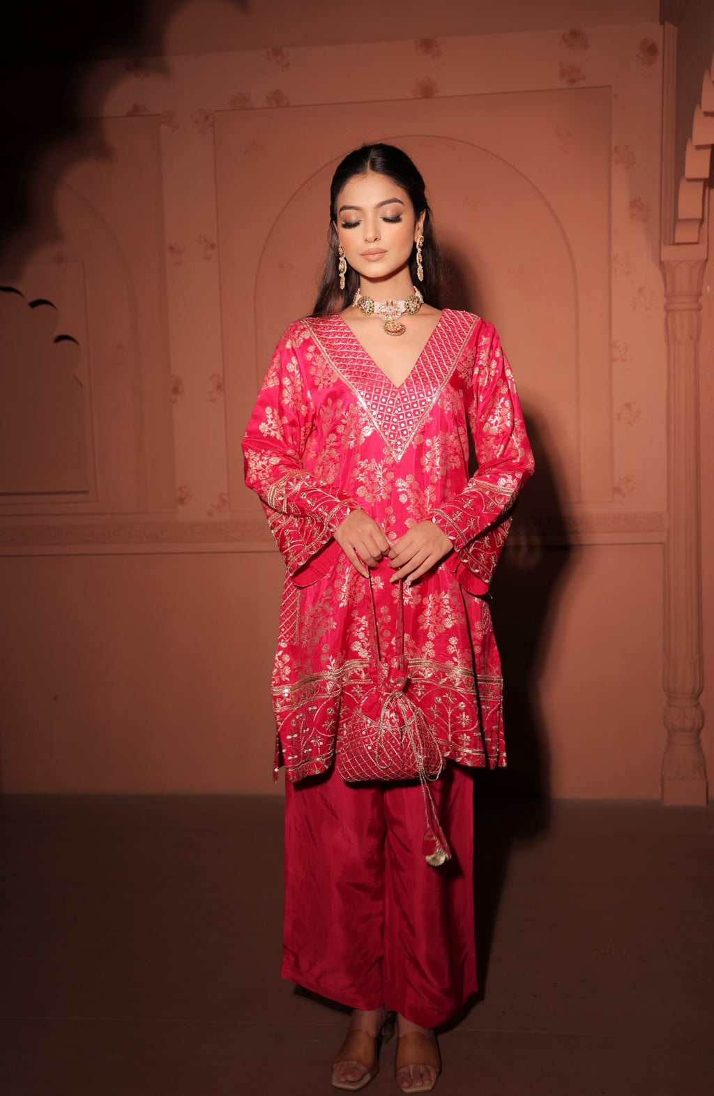 Crimson Red Brocade Co-ord Set