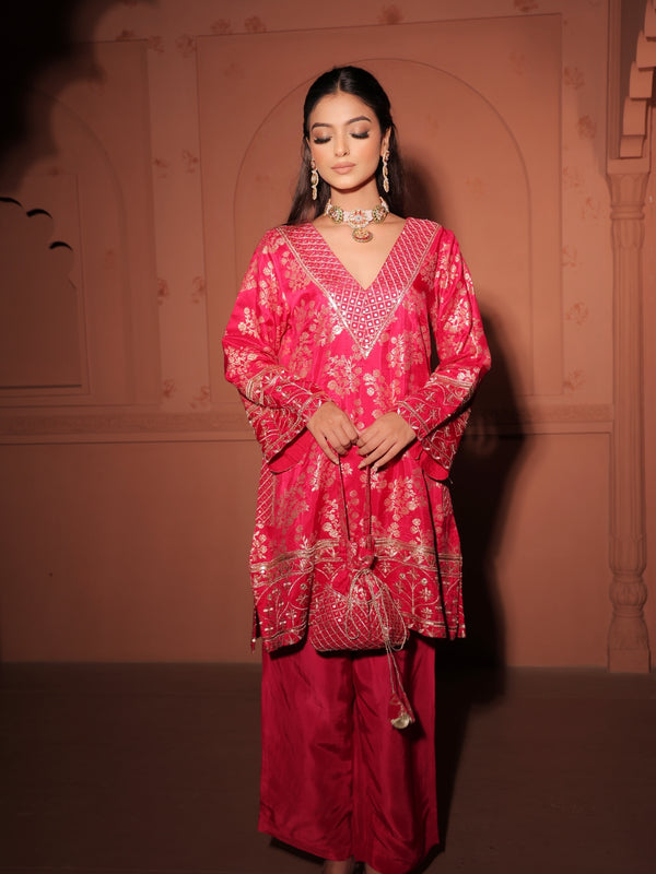 Crimson Red Brocade Co-ord Set
