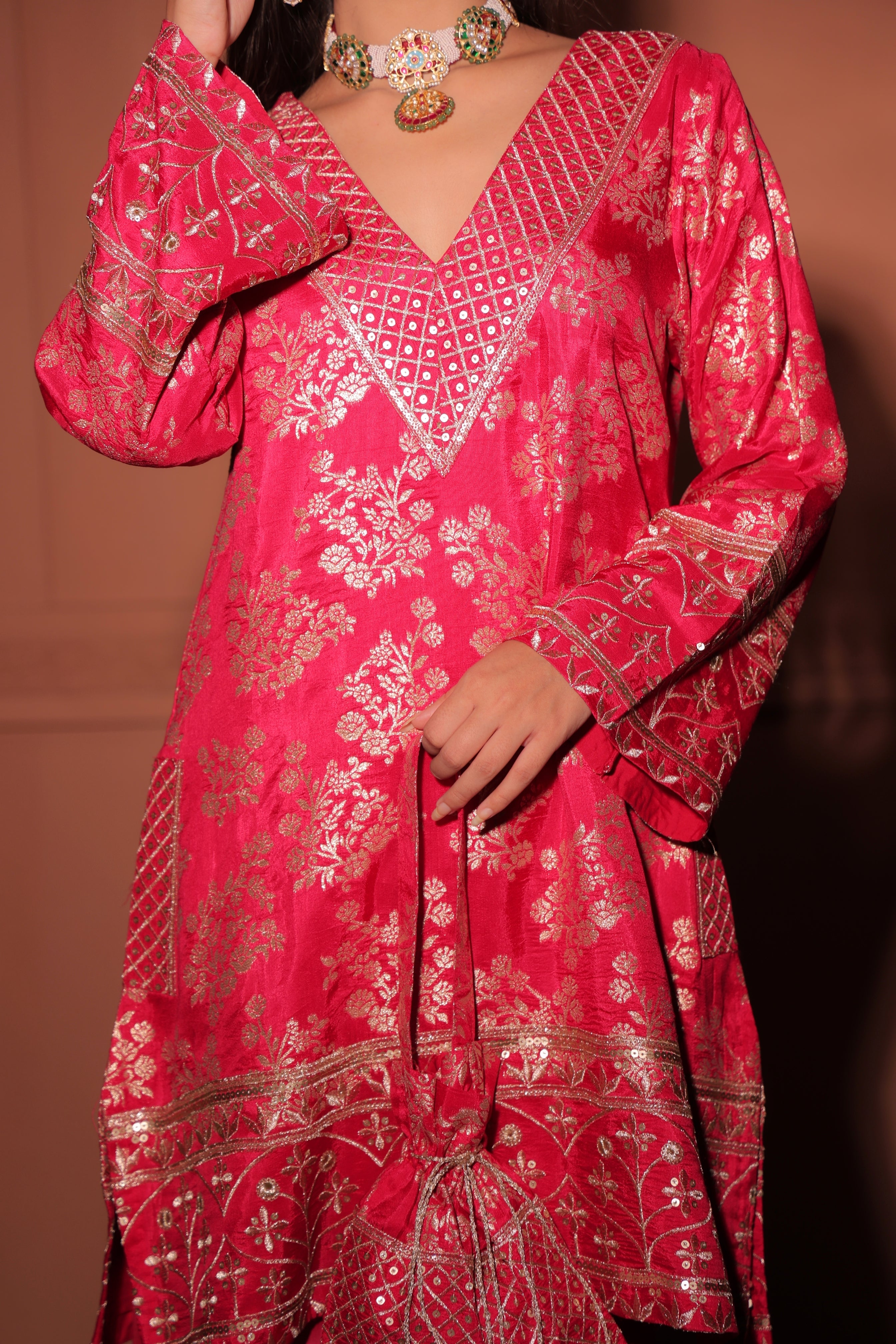 Crimson Red Brocade Co-ord Set