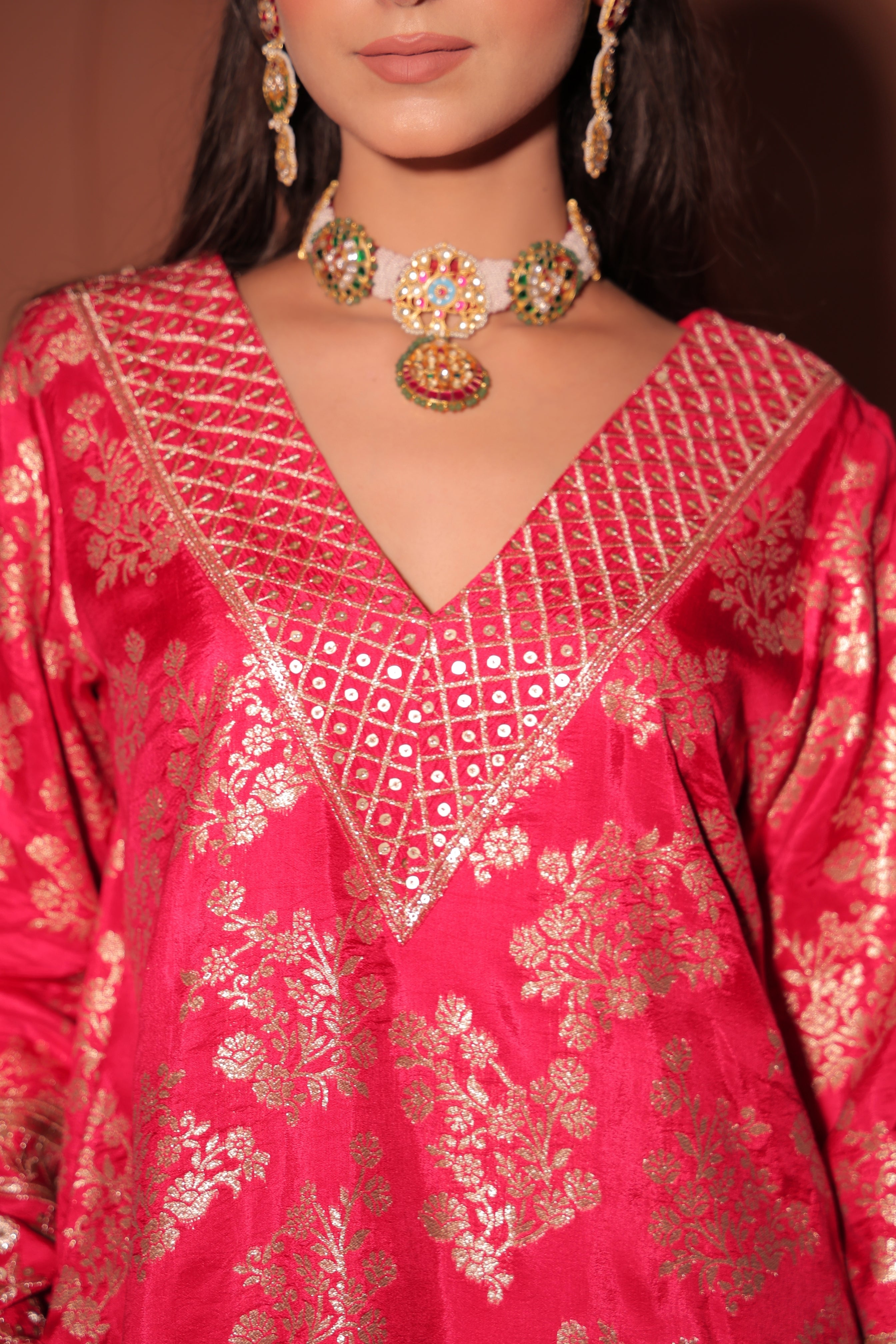 Crimson Red Brocade Co-ord Set