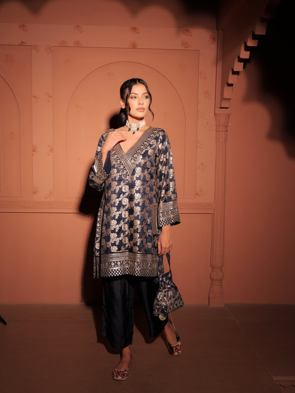 Navy Blue Brocade Co-ord Set