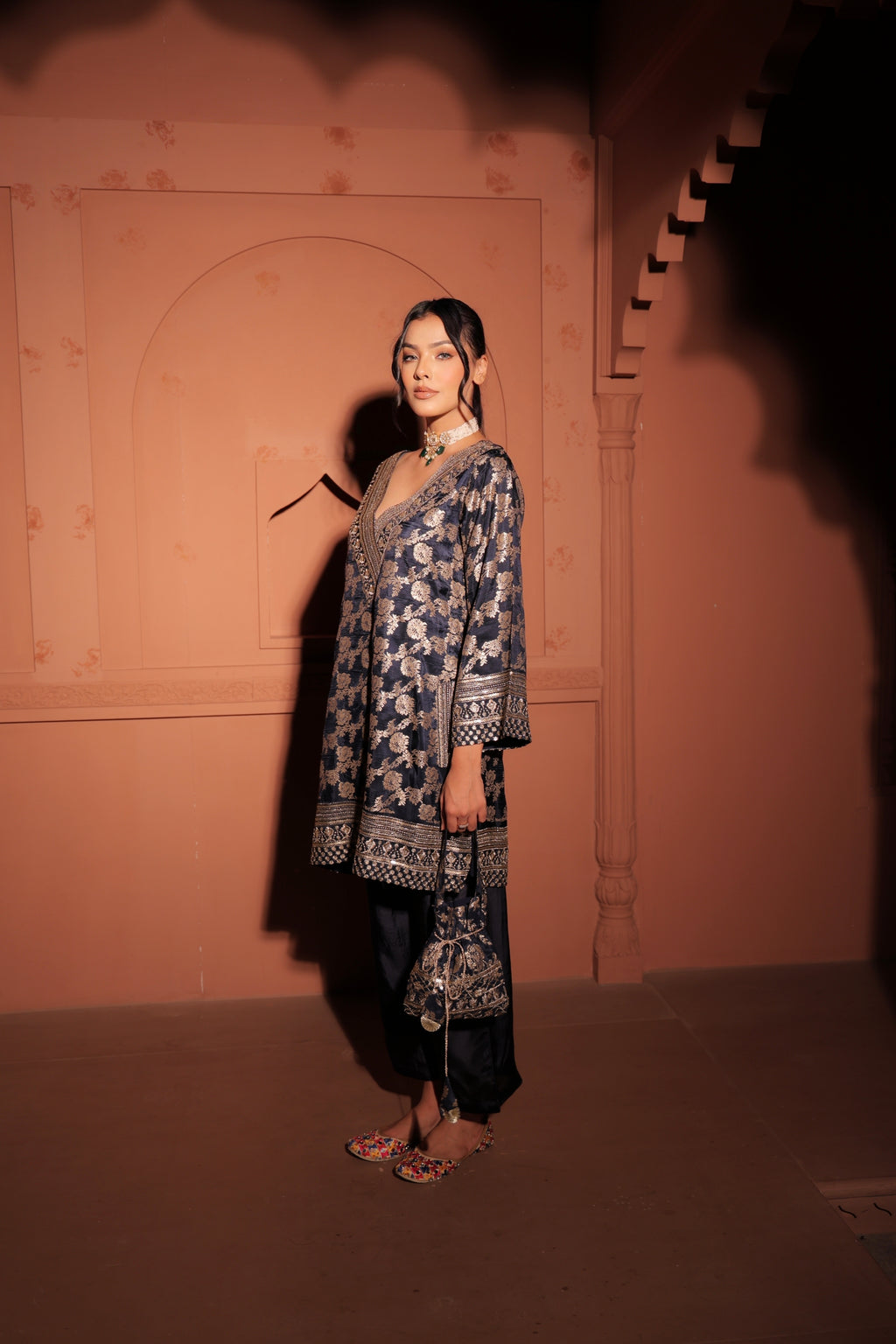 Navy Blue Brocade Co-ord Set