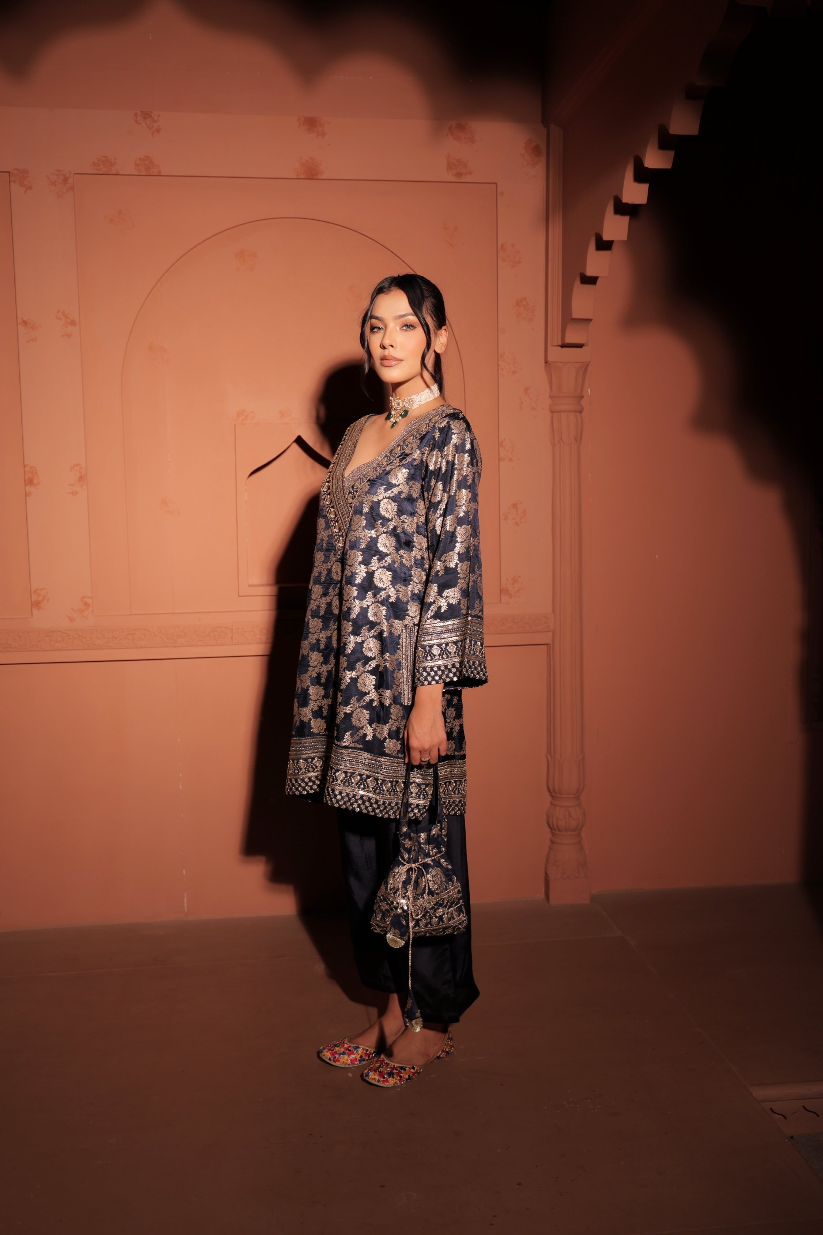 Navy Blue Brocade Co-ord Set