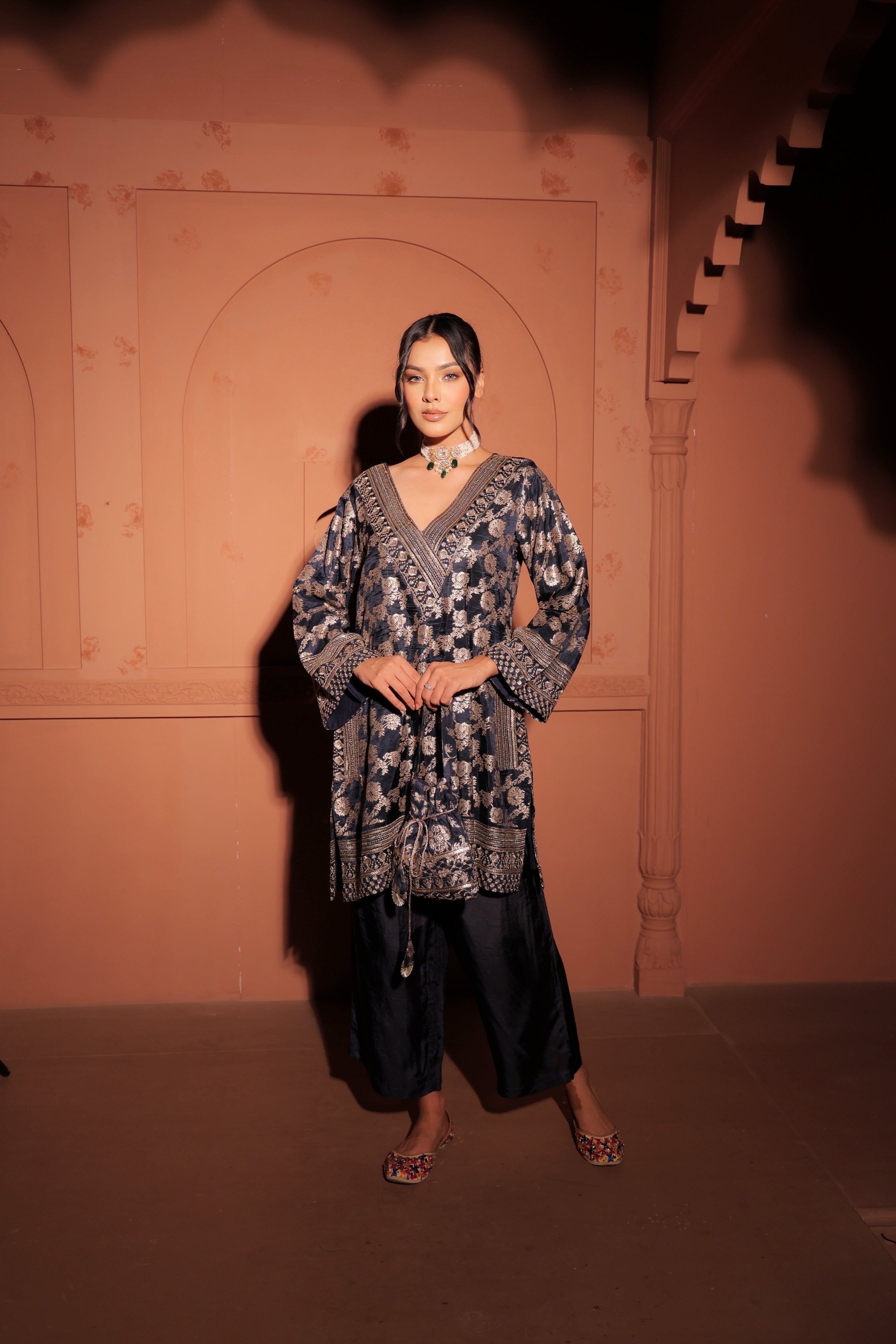 Navy Blue Brocade Co-ord Set