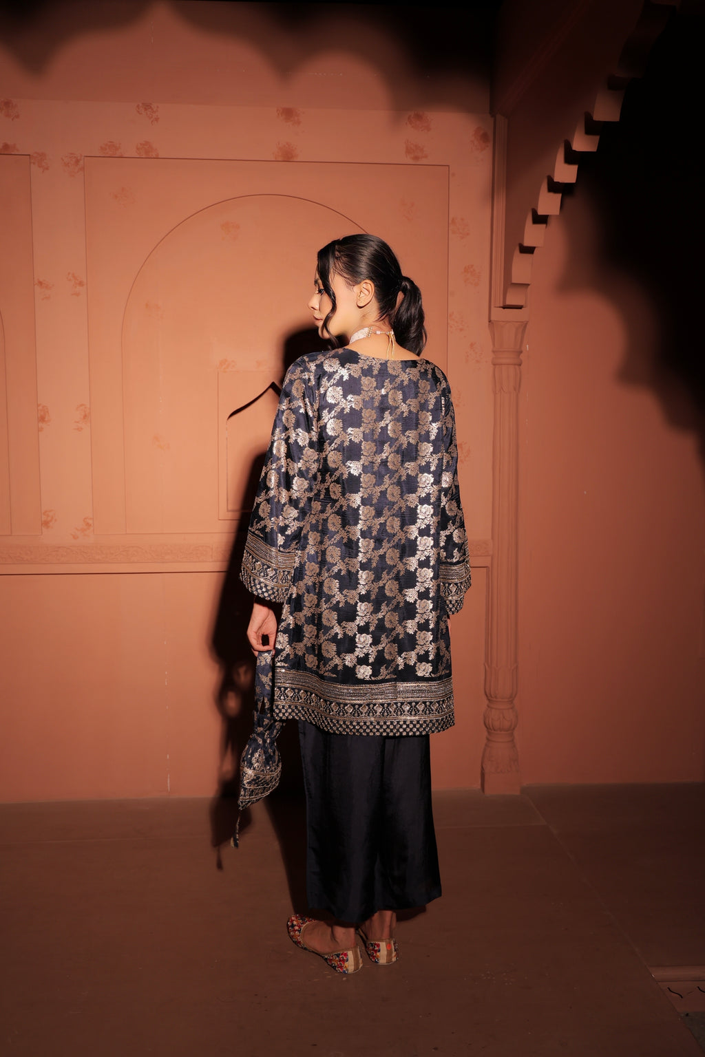 Navy Blue Brocade Co-ord Set