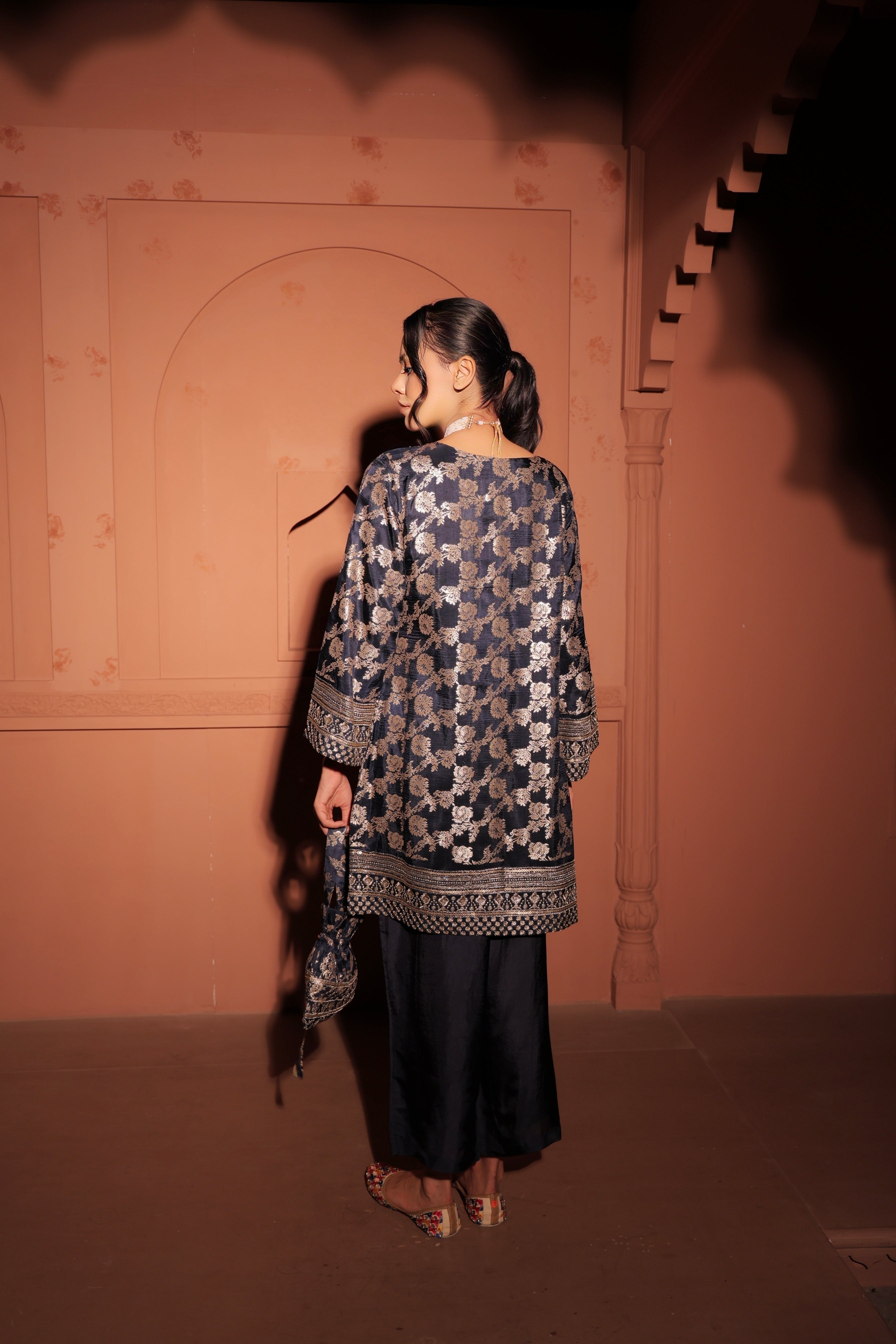 Navy Blue Brocade Co-ord Set