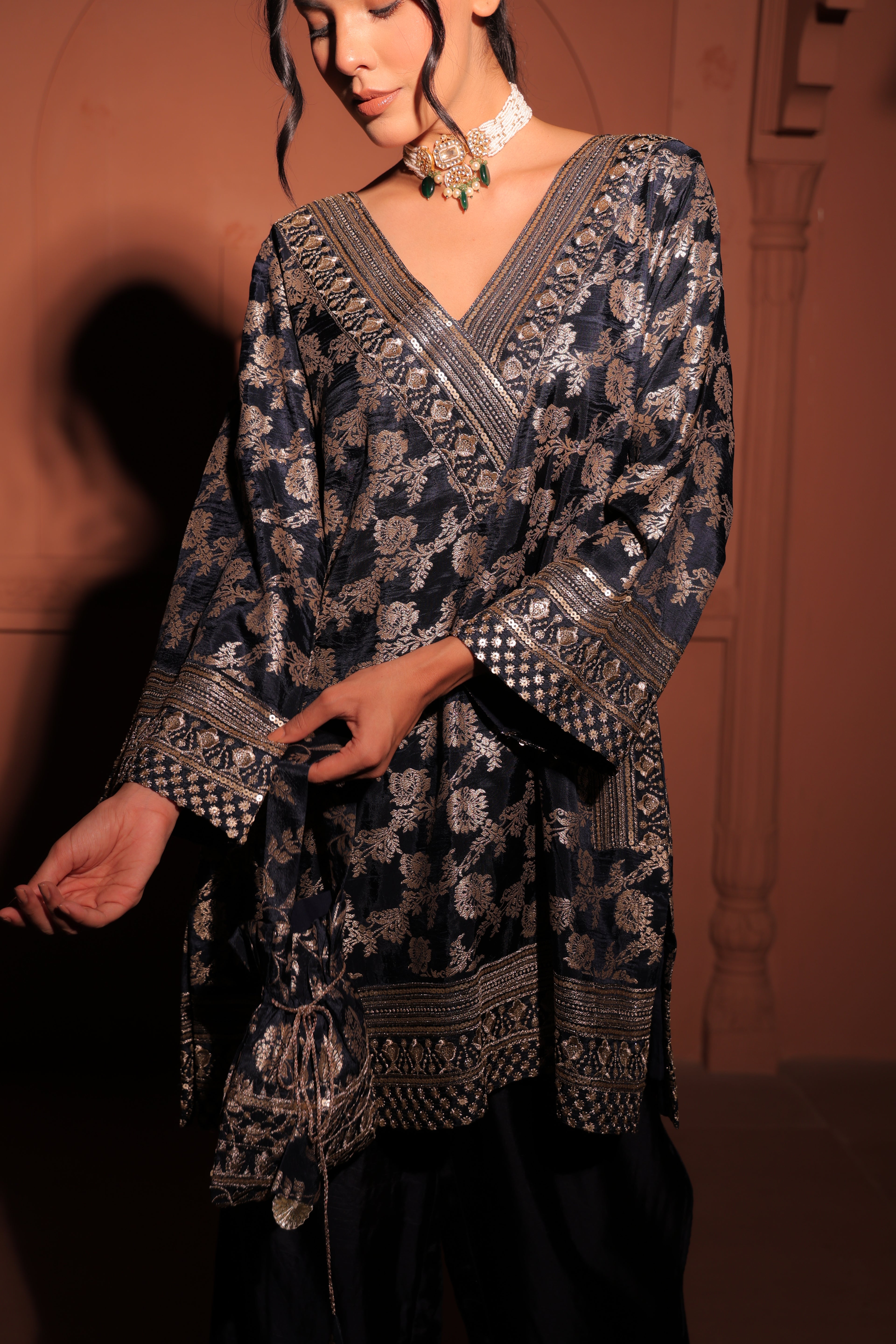 Navy Blue Brocade Co-ord Set