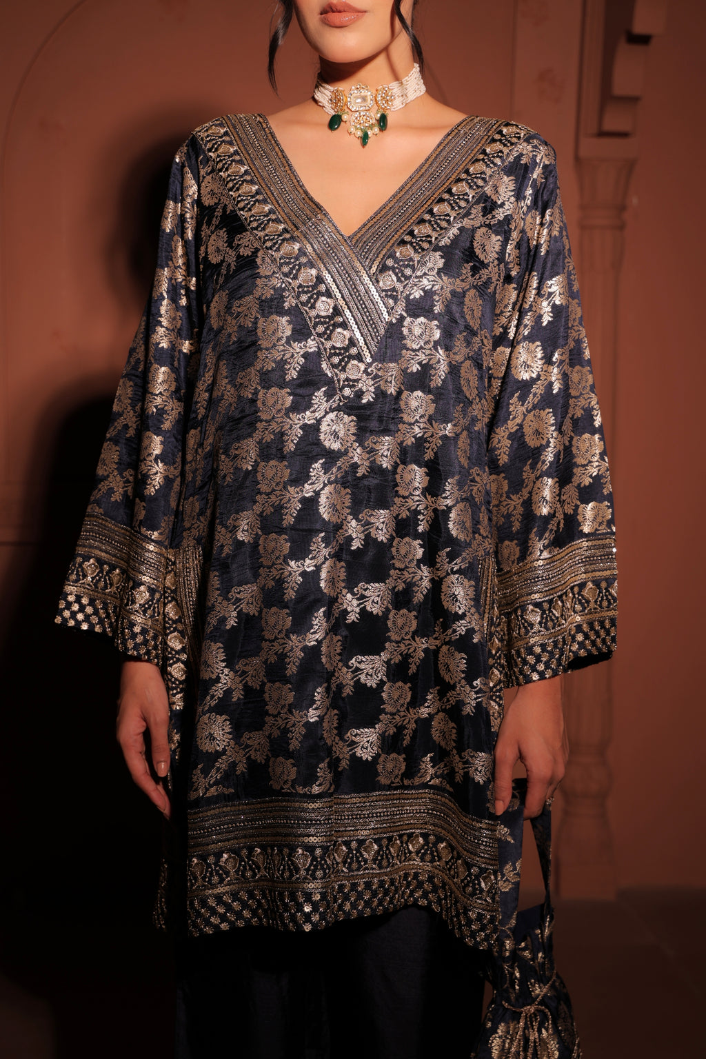 Navy Blue Brocade Co-ord Set
