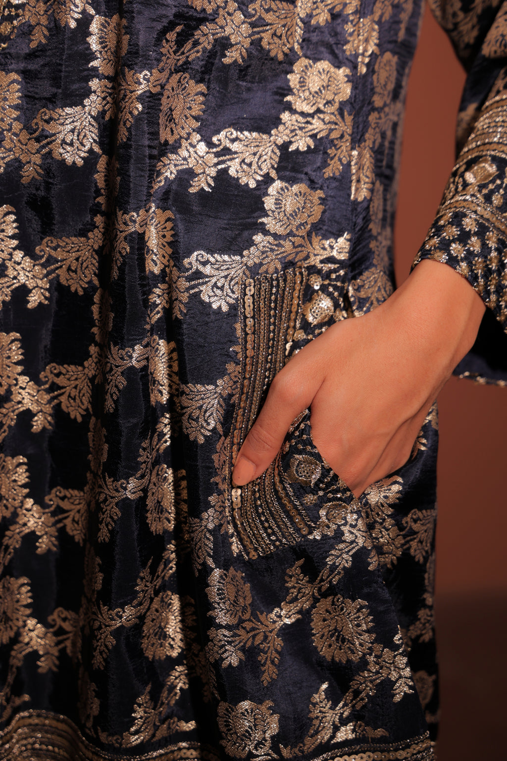 Navy Blue Brocade Co-ord Set