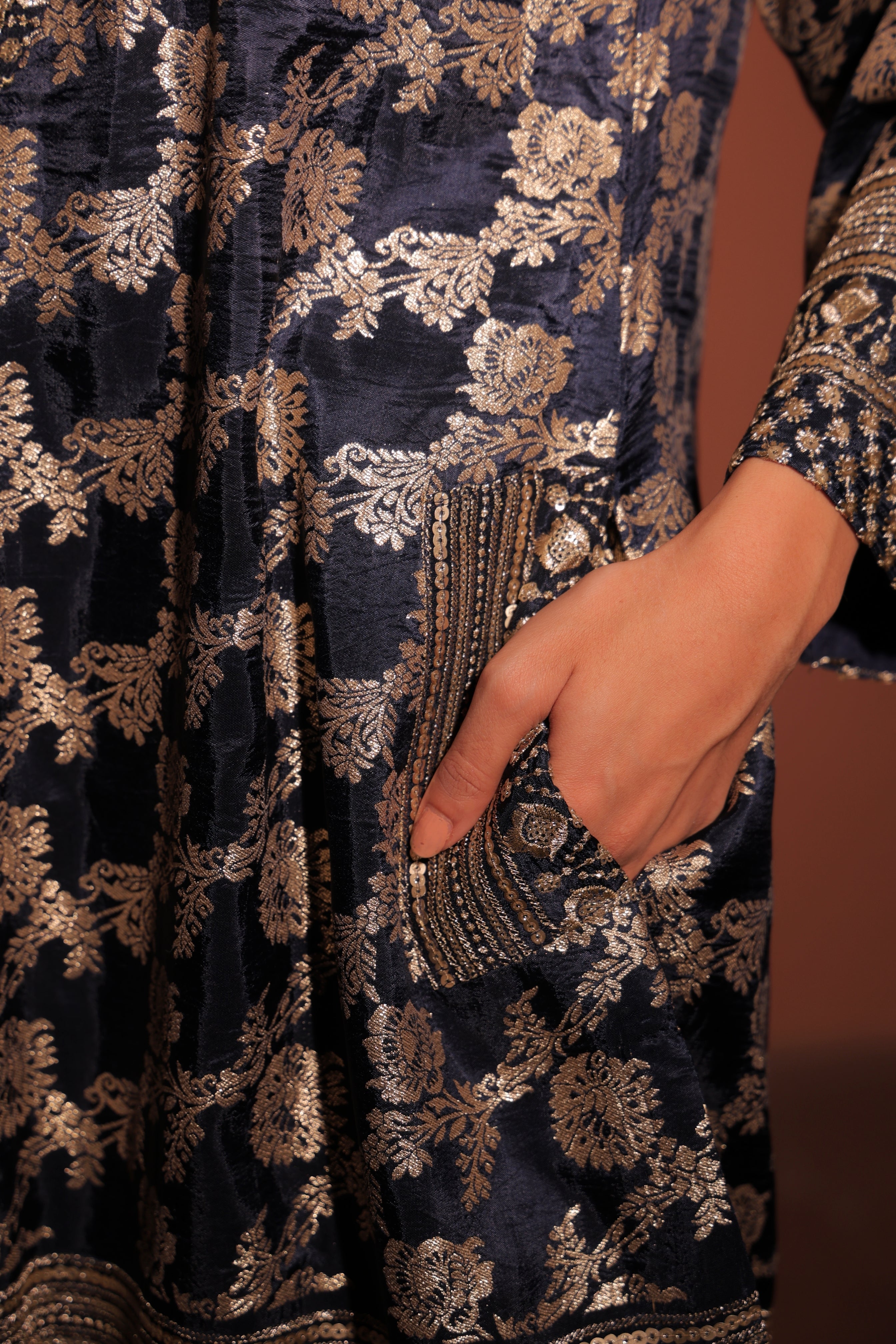 Navy Blue Brocade Co-ord Set