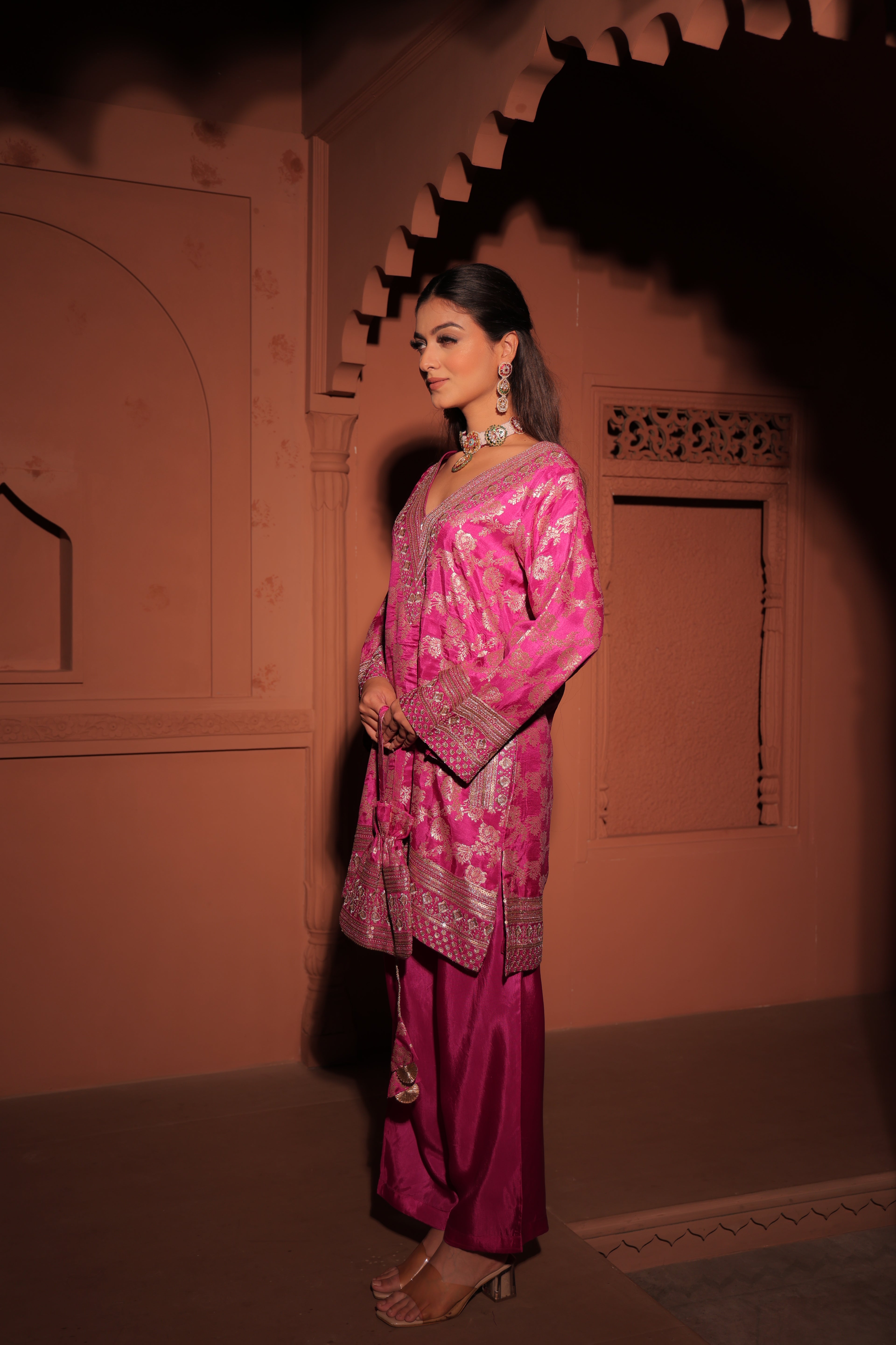 Fuchsia Pink Brocade Co-ord Set