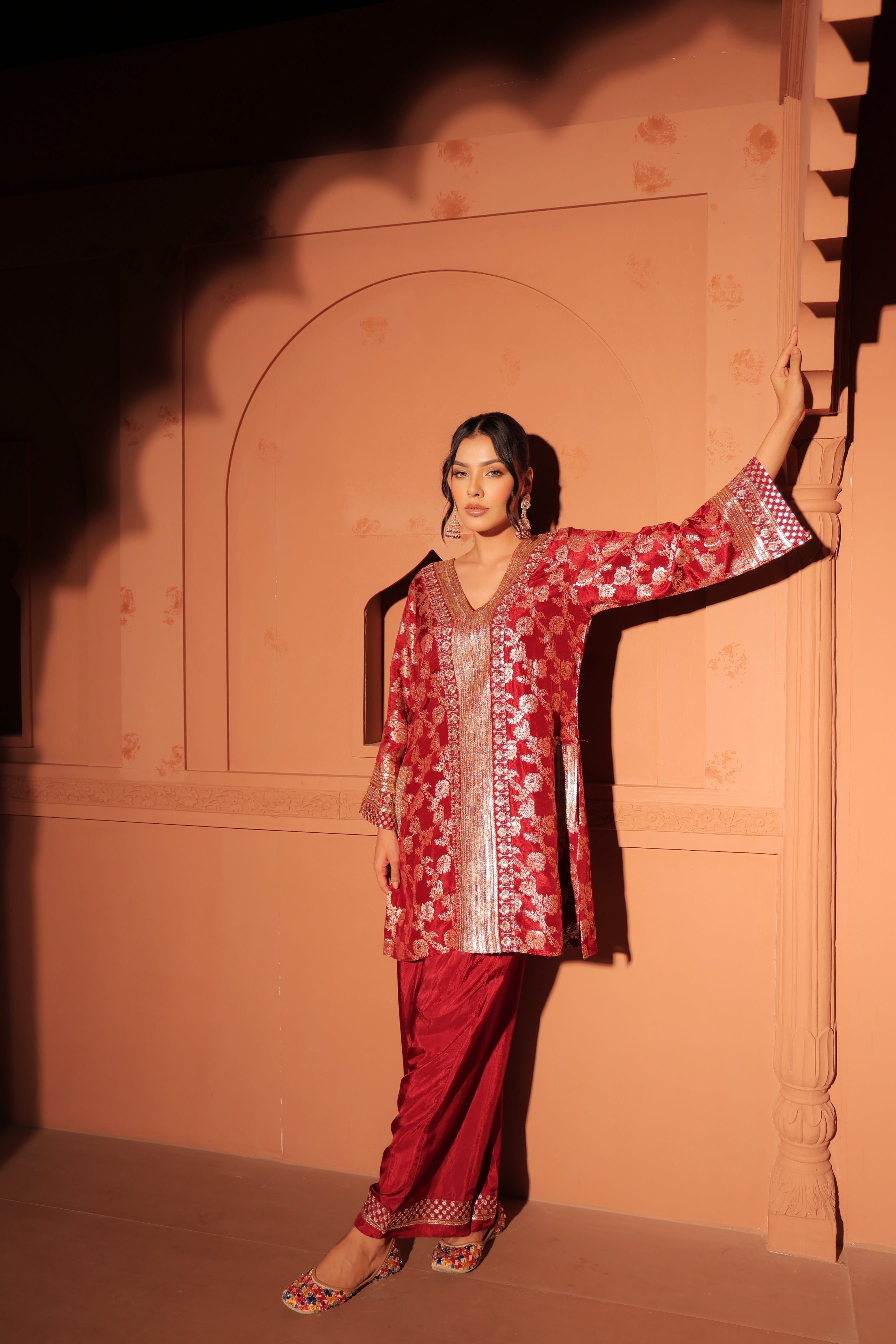Ruby Red Brocade Co-ord Set
