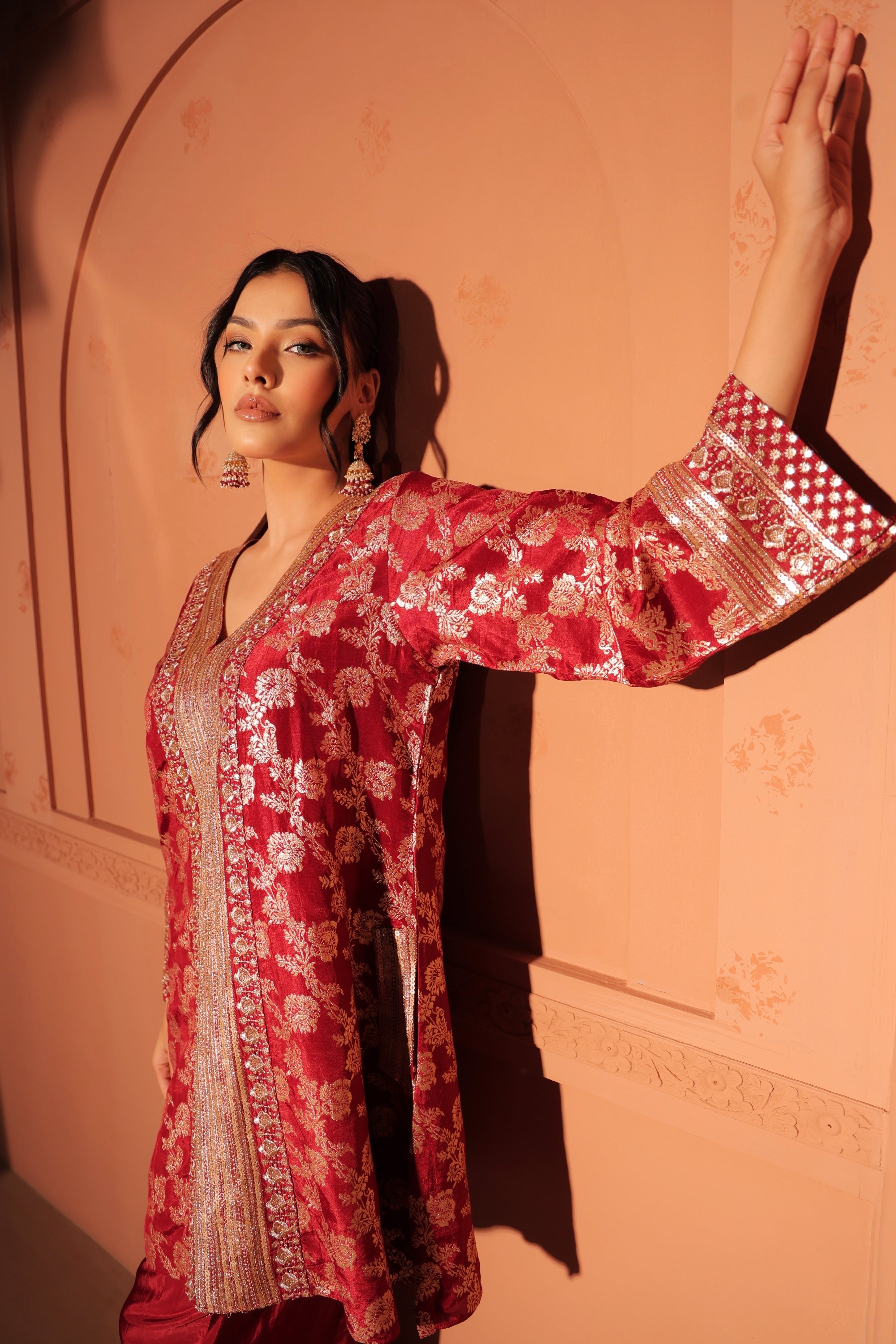 Ruby Red Brocade Co-ord Set