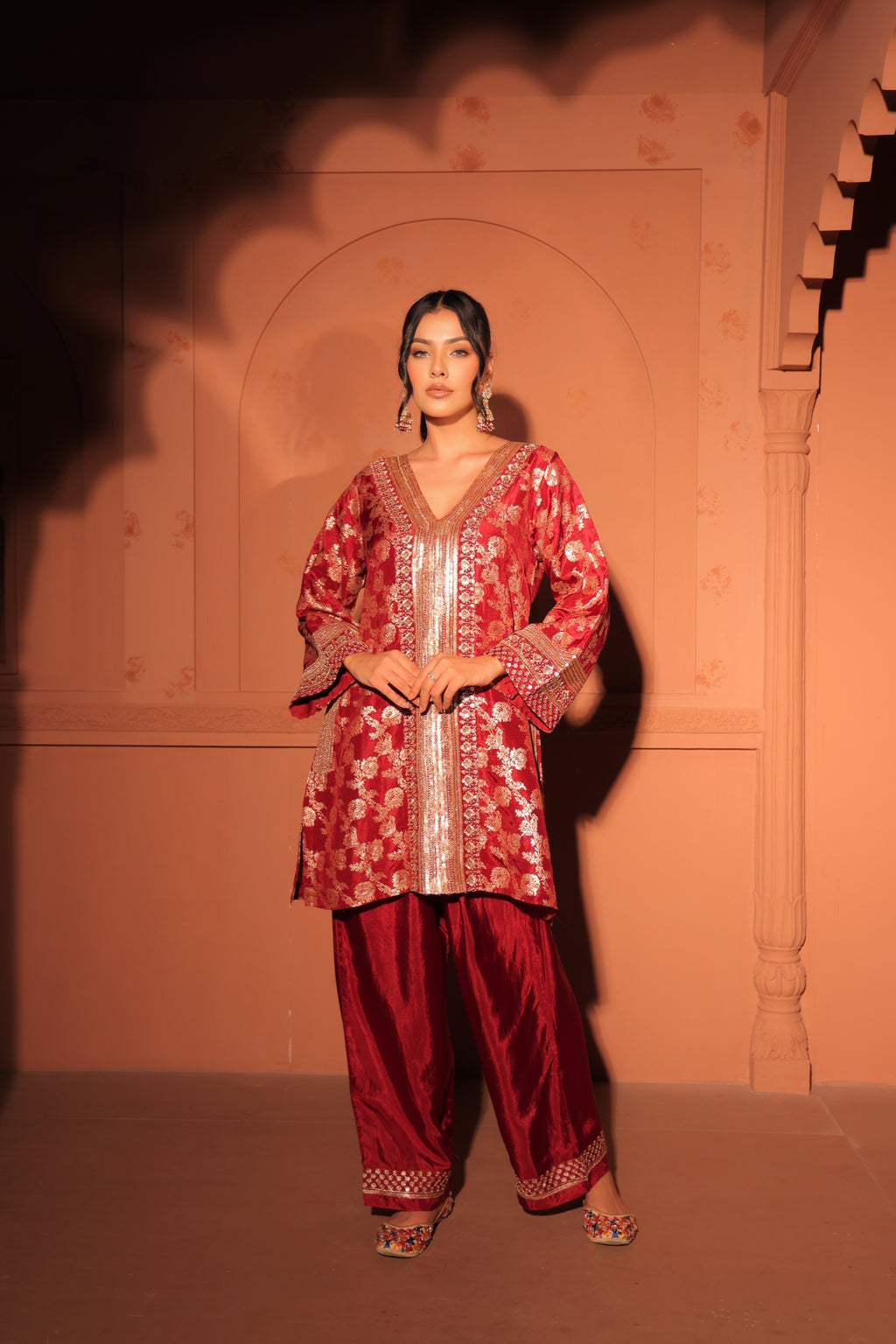 Ruby Red Brocade Co-ord Set