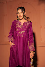 Purple Gold-Toned Embroidered Velvet Kurta Set