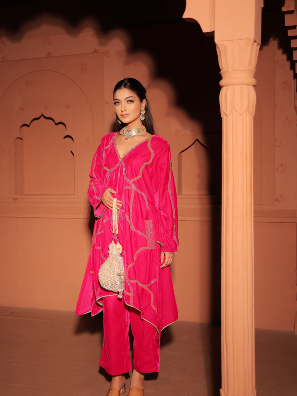 Pink Embroidered Velvet Kurta Set