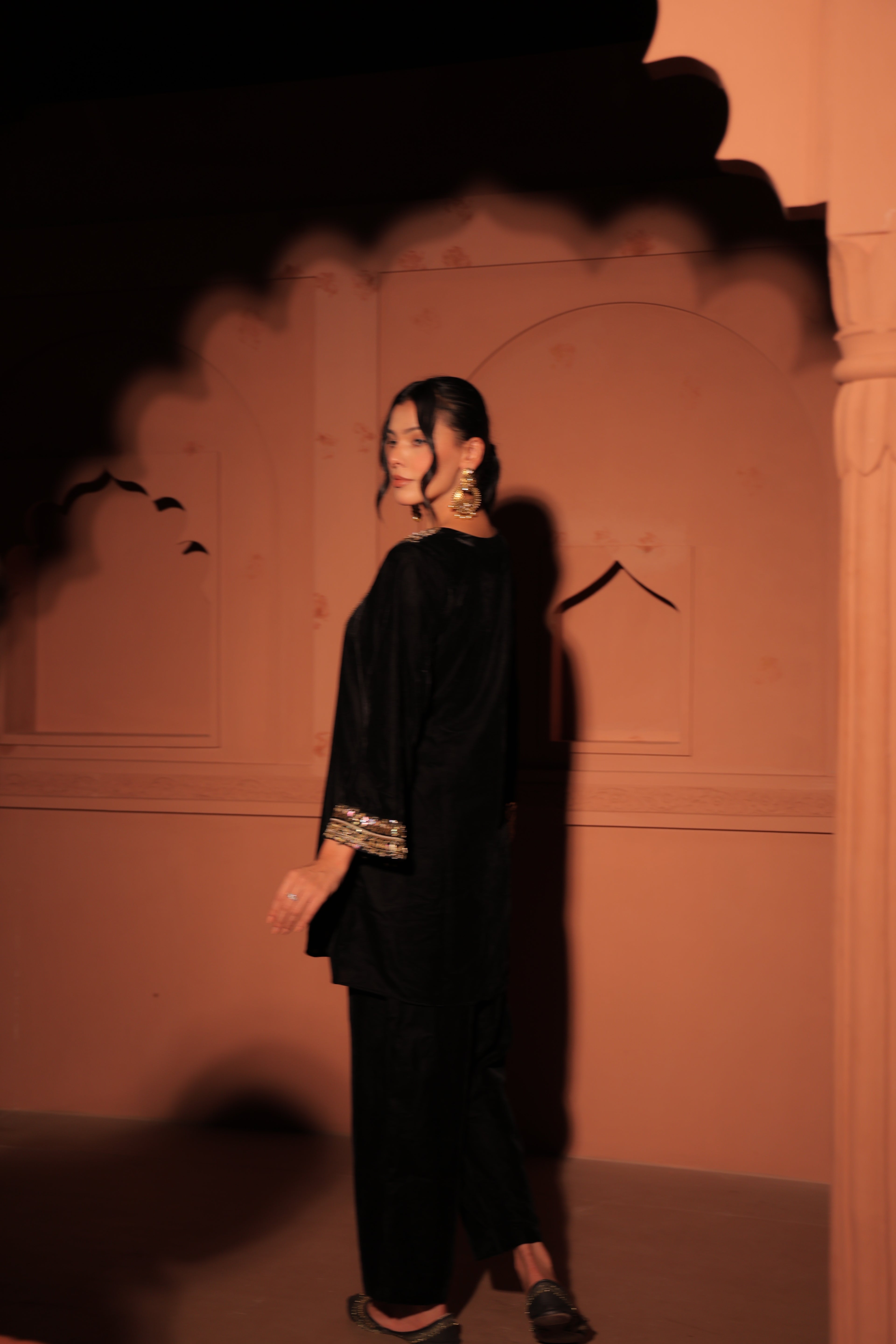 Black Embellished Velvet Kurta Set