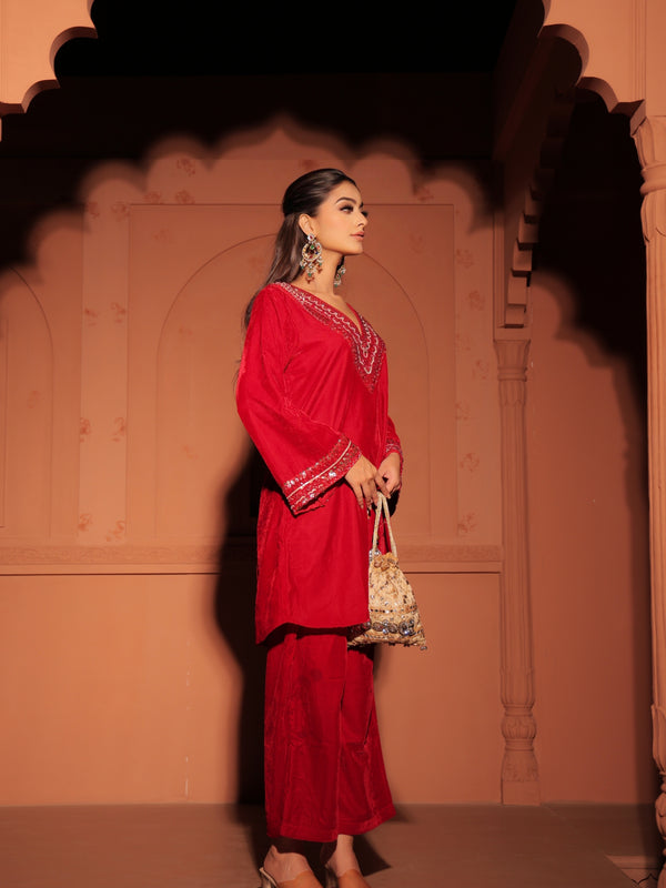 Red Sequined Velvet Kurta Set