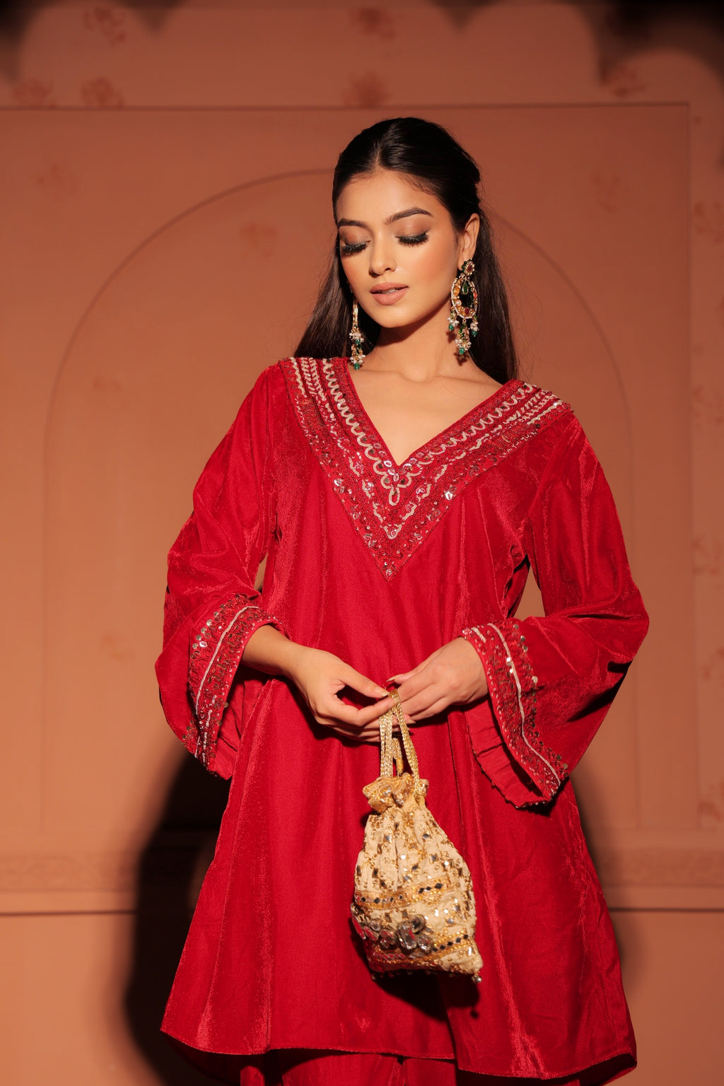Red Sequined Velvet Kurta Set