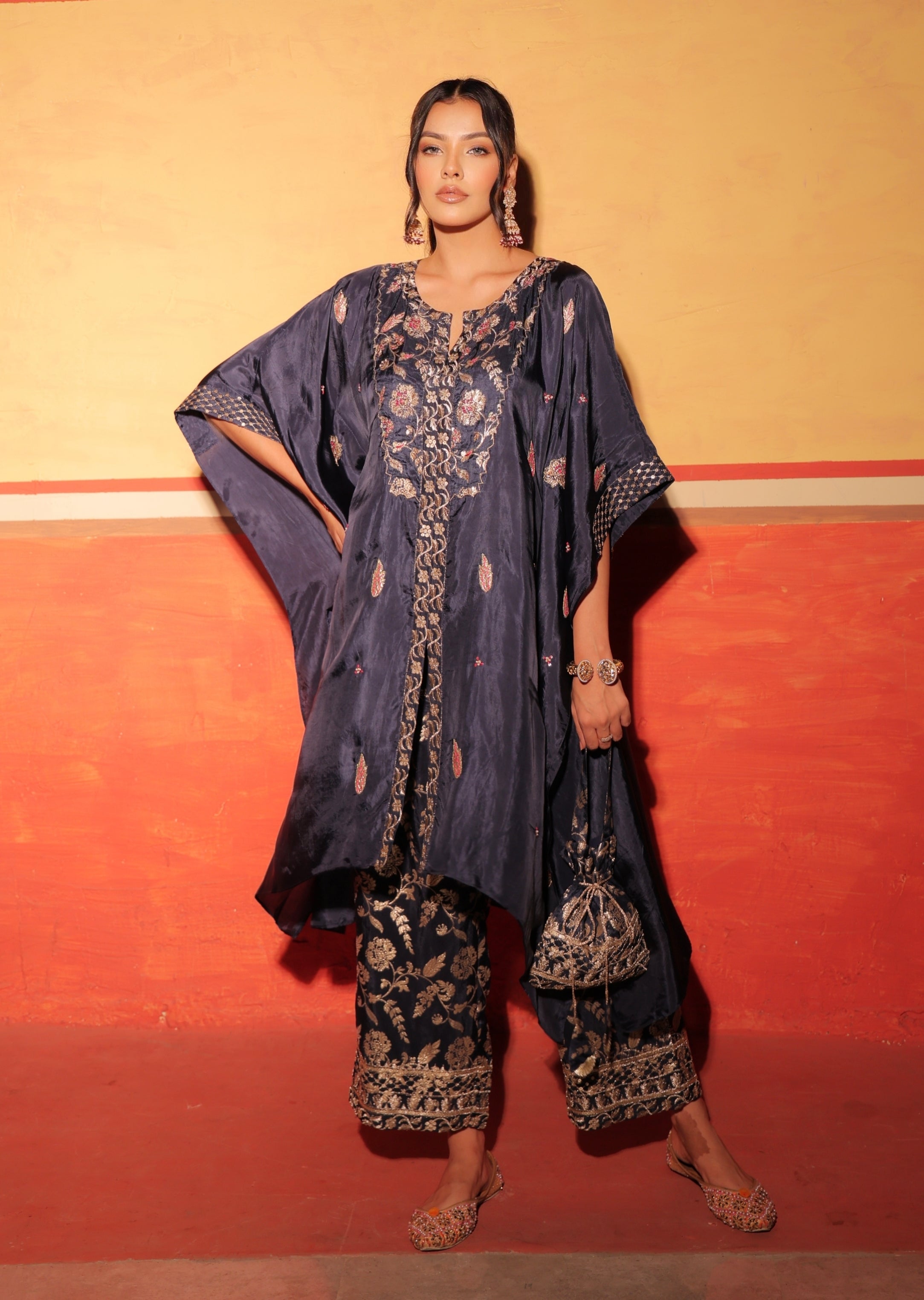 Midnight Black Brocade Kaftan Set