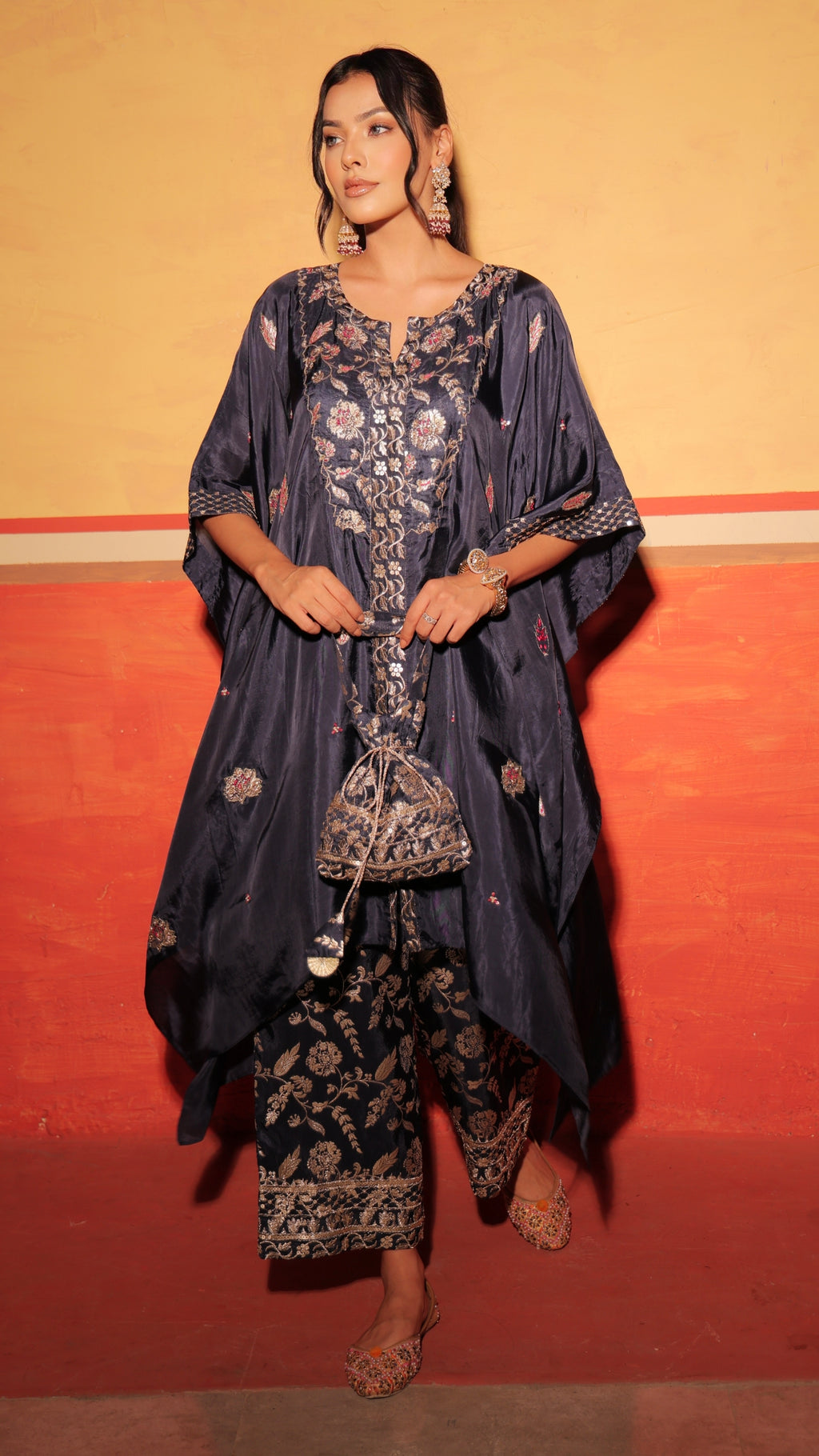 Midnight Black Brocade Kaftan Set