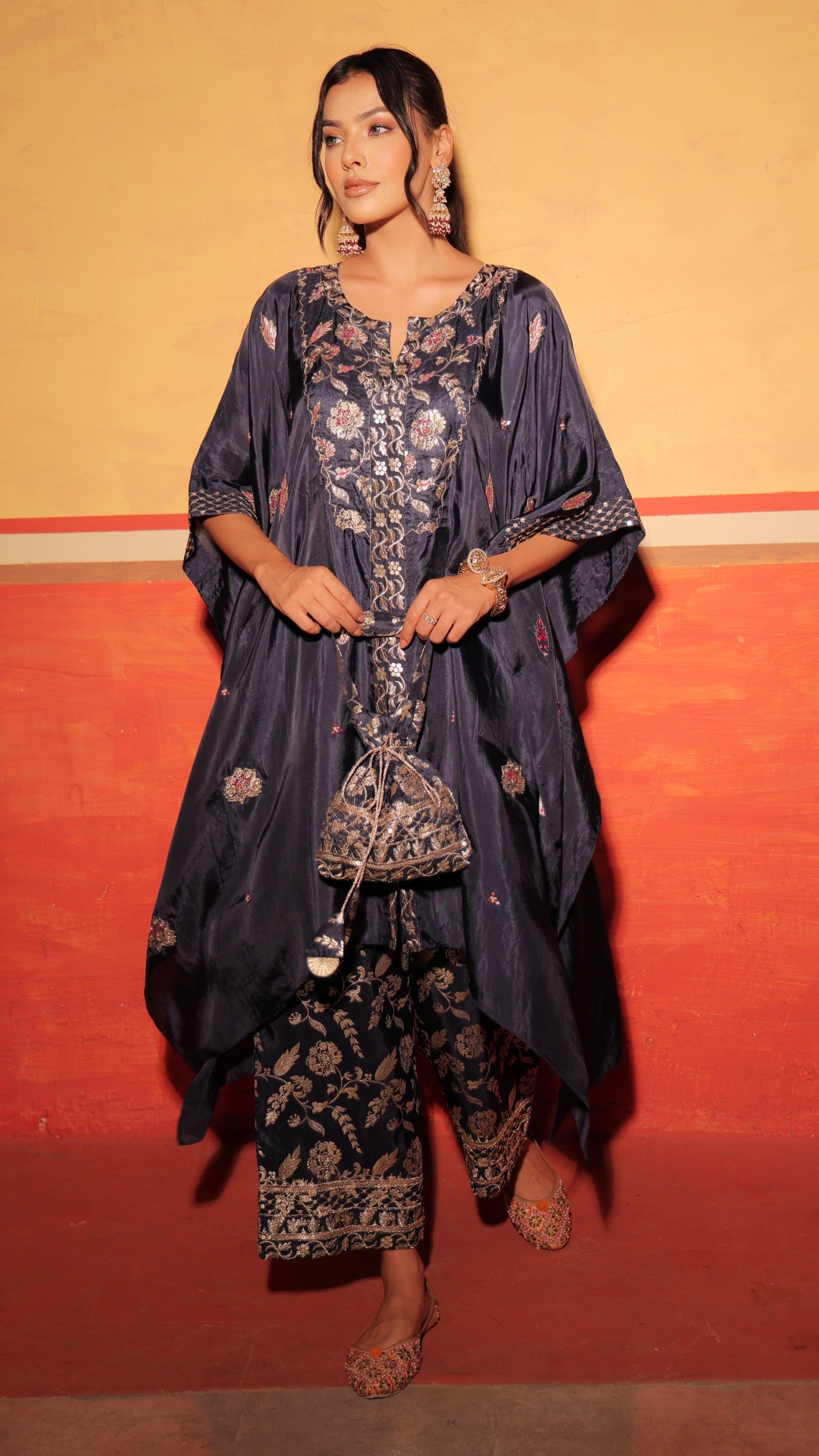 Midnight Black Brocade Kaftan Set