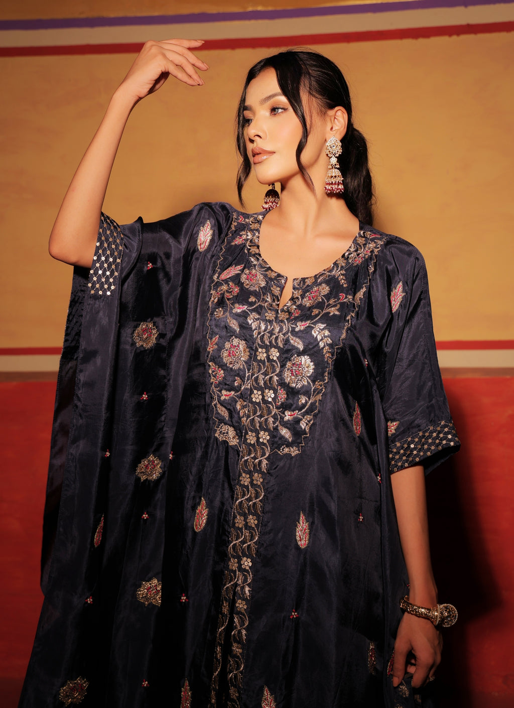 Midnight Black Brocade Kaftan Set