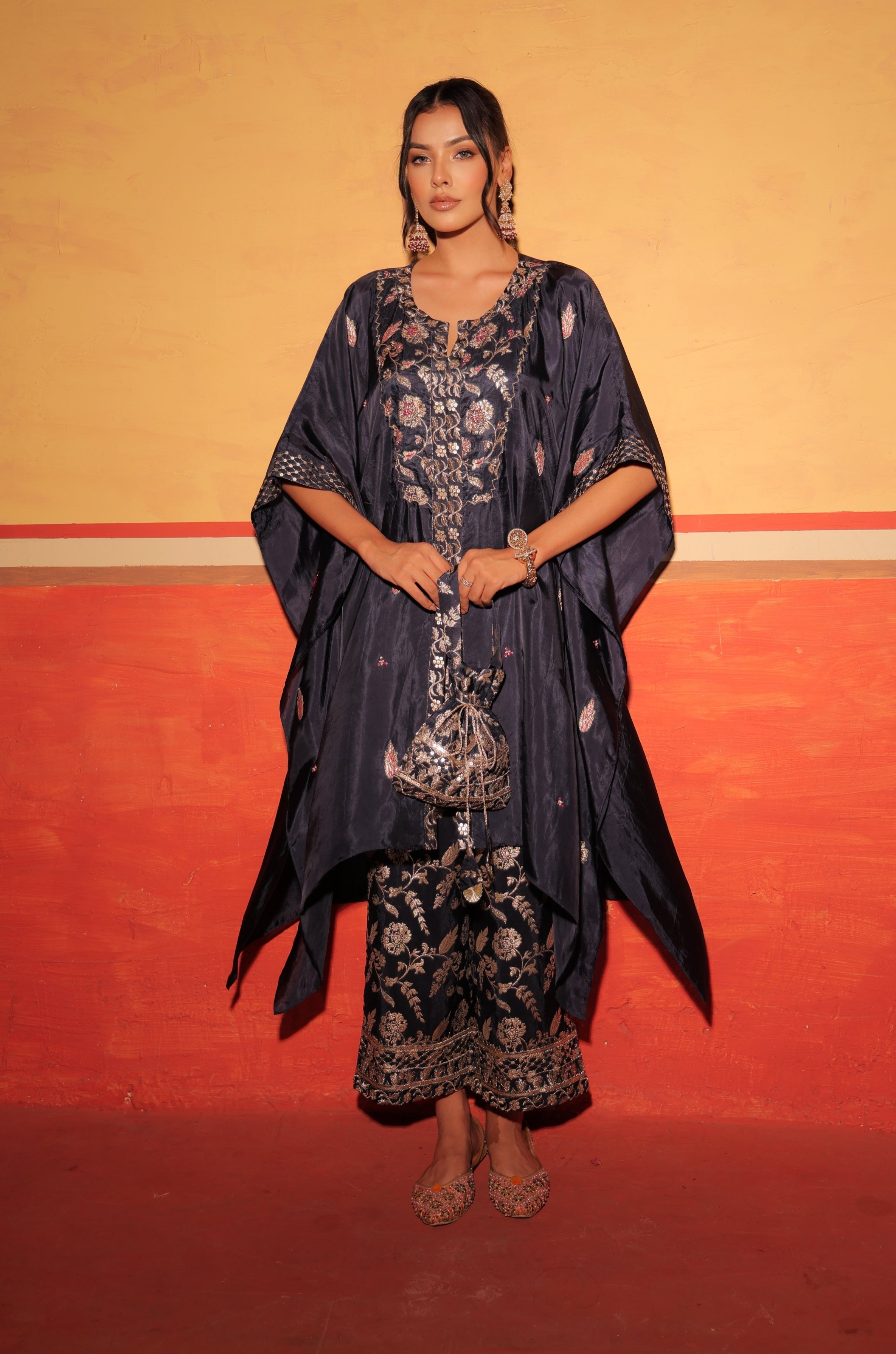 Midnight Black Brocade Kaftan Set
