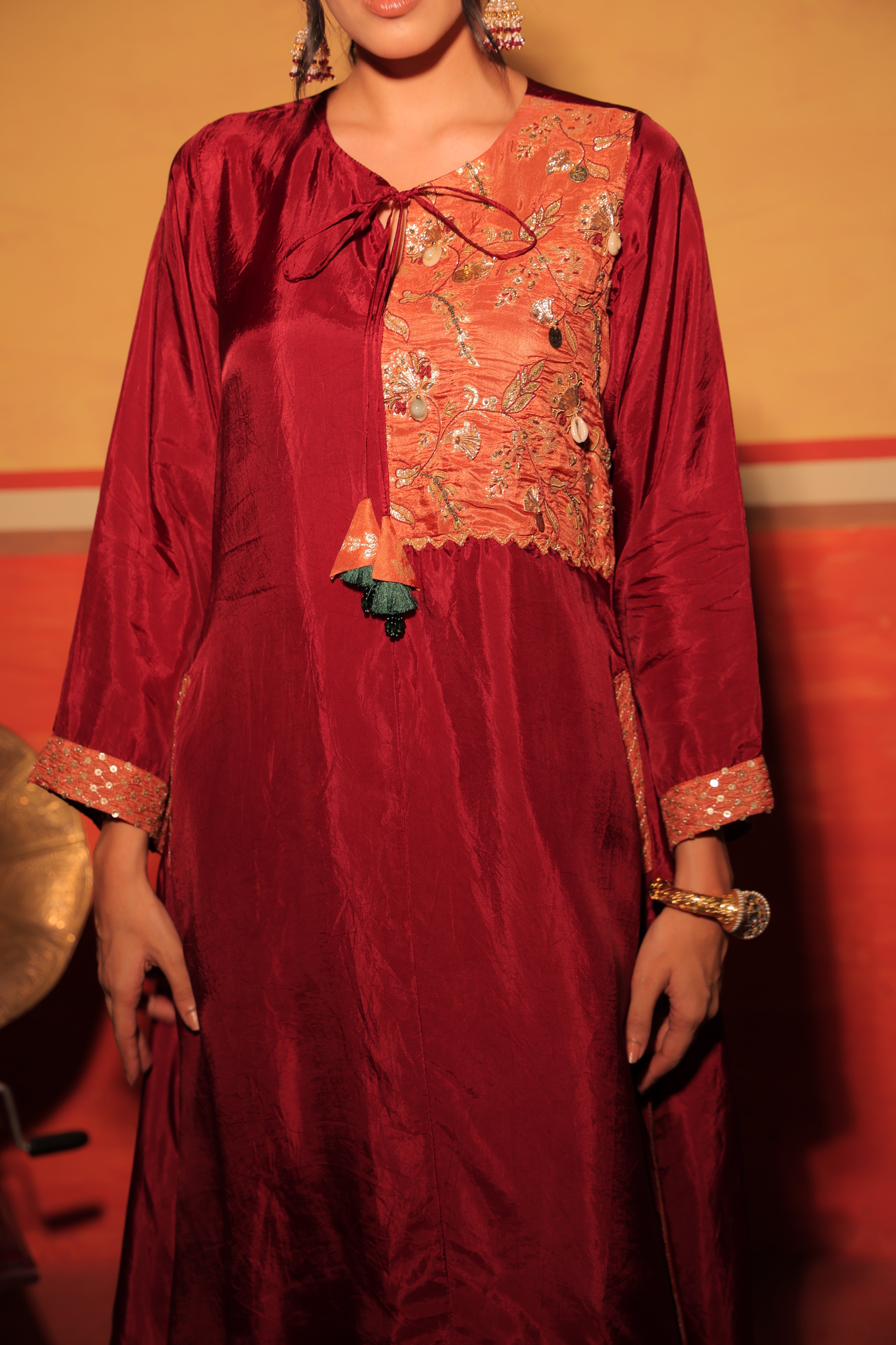Wine Rust Brocade Kaftan Set