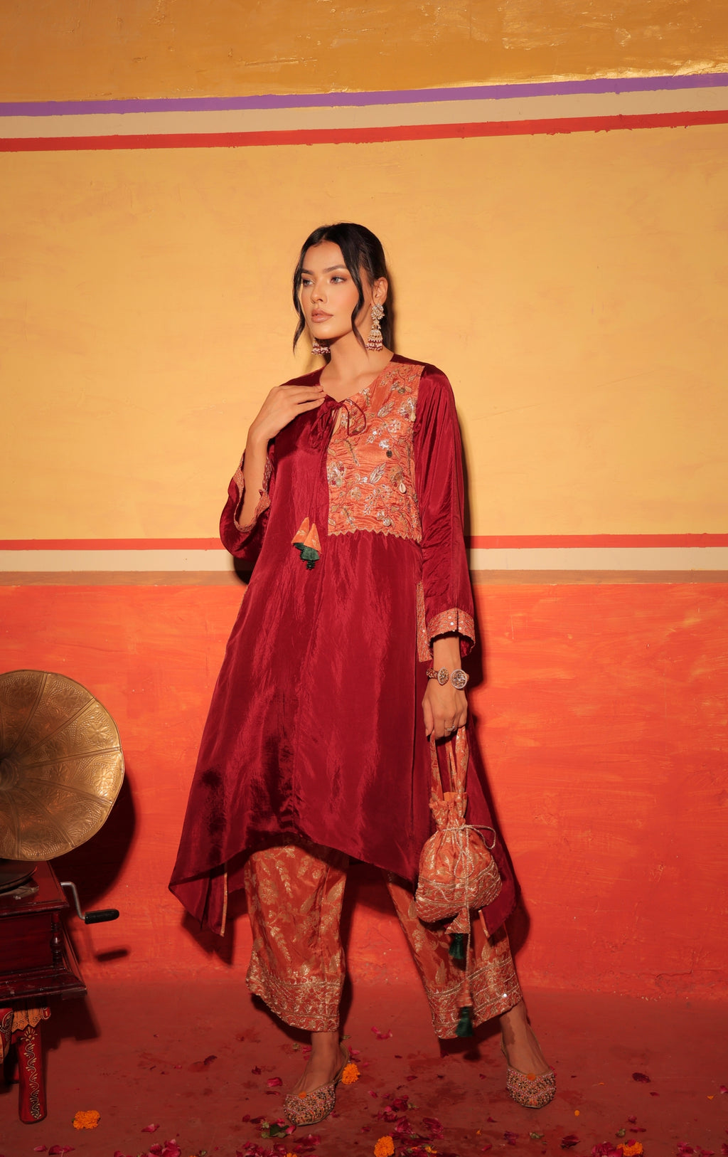 Wine Rust Brocade Kaftan Set