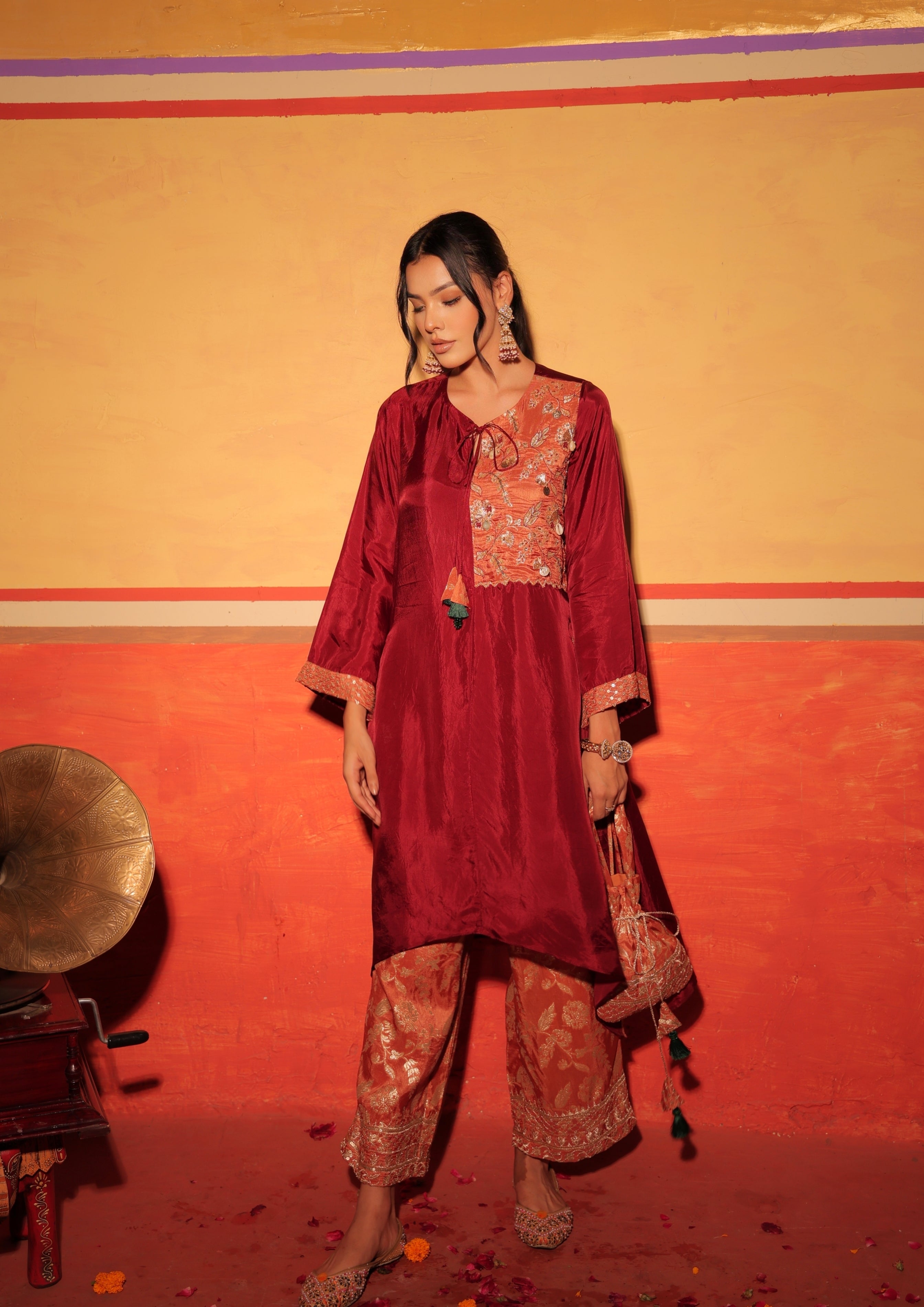 Wine Rust Brocade Kaftan Set