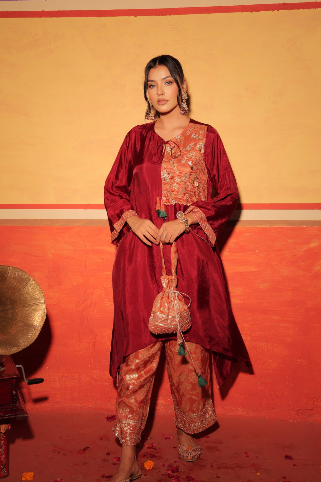 Wine Rust Brocade Kaftan Set