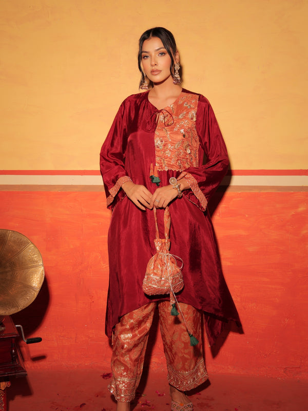 Wine Rust Brocade Kaftan Set