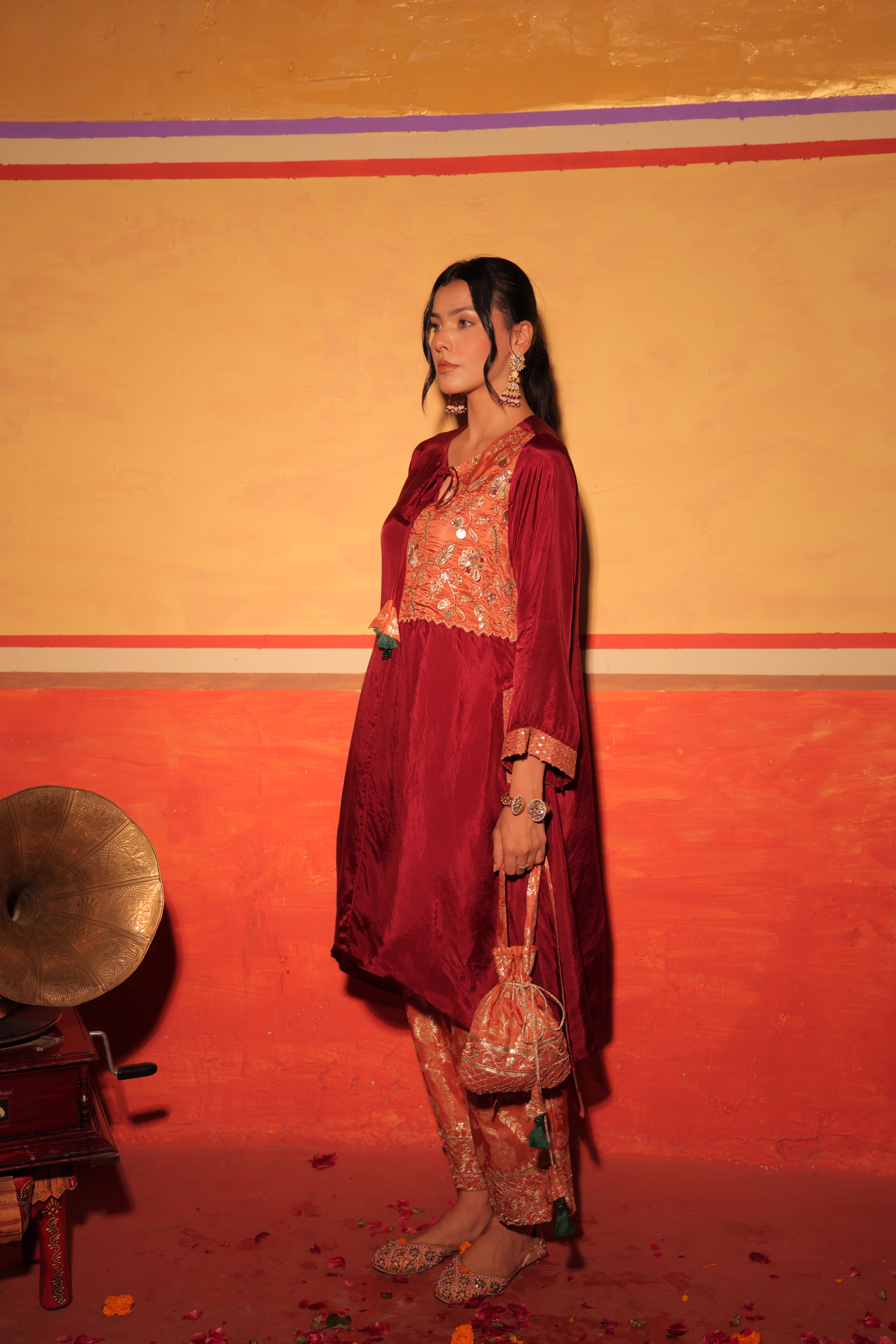 Wine Rust Brocade Kaftan Set