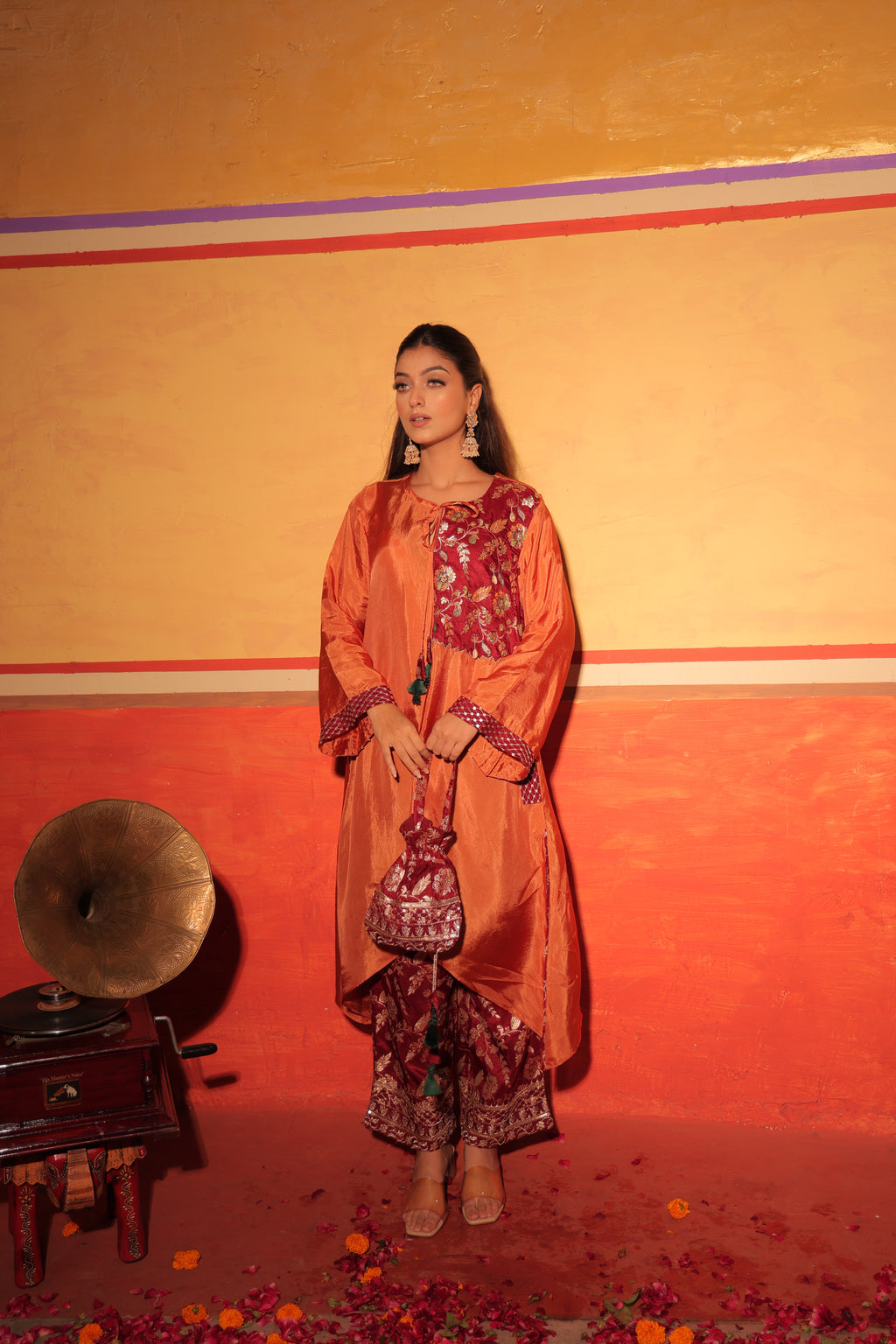 Rust Orange Brocade Kaftan Set