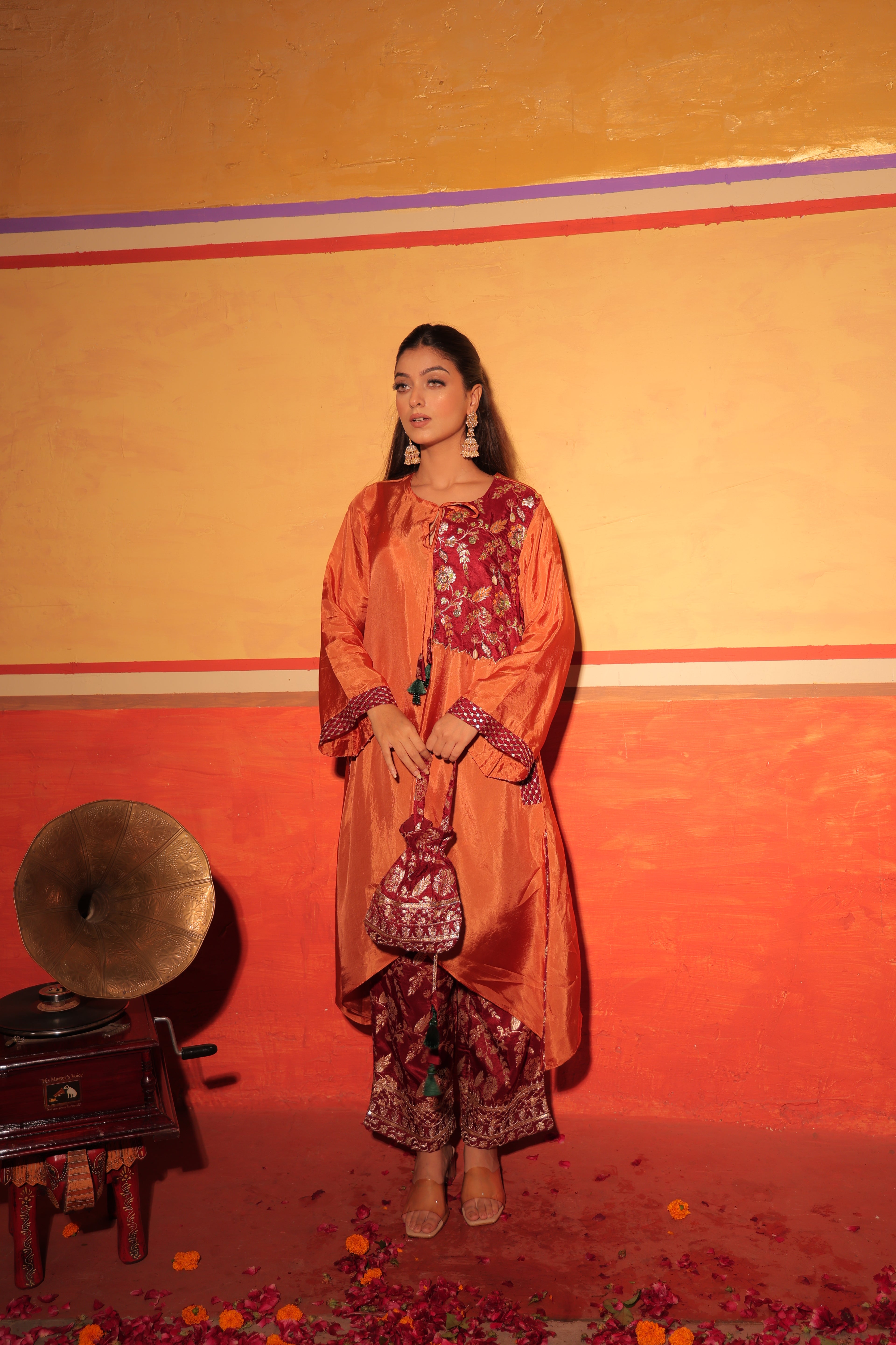 Rust Orange Brocade Kaftan Set